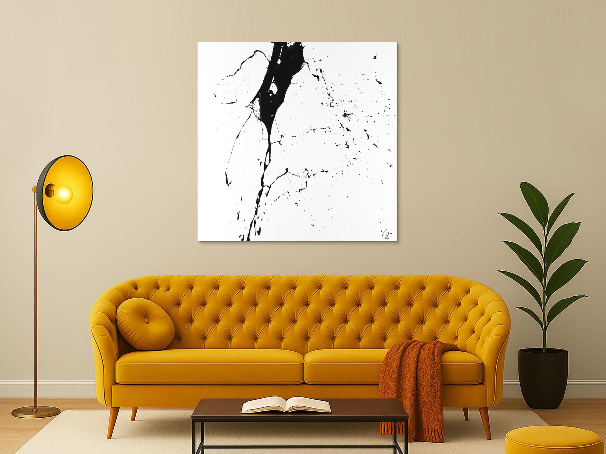 Abstraktes Acrylbild schwarz weiß minimalistisch Action Painting auf Leinwand handgemalt