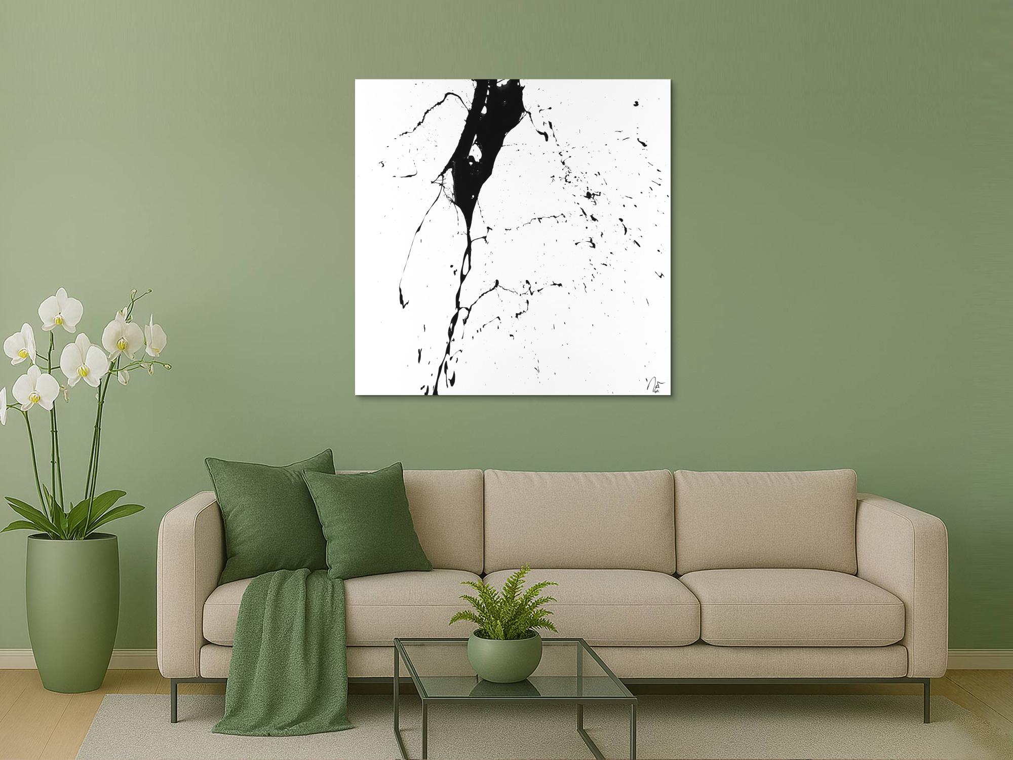 Abstraktes Acrylbild schwarz weiß minimalistisch Action Painting auf Leinwand handgemalt