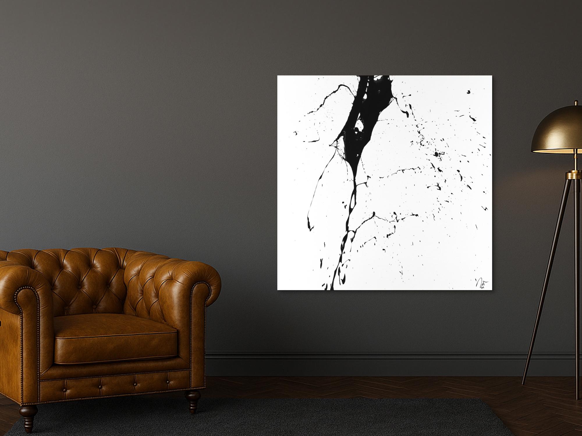 Abstraktes Acrylbild schwarz weiß minimalistisch Action Painting auf Leinwand handgemalt