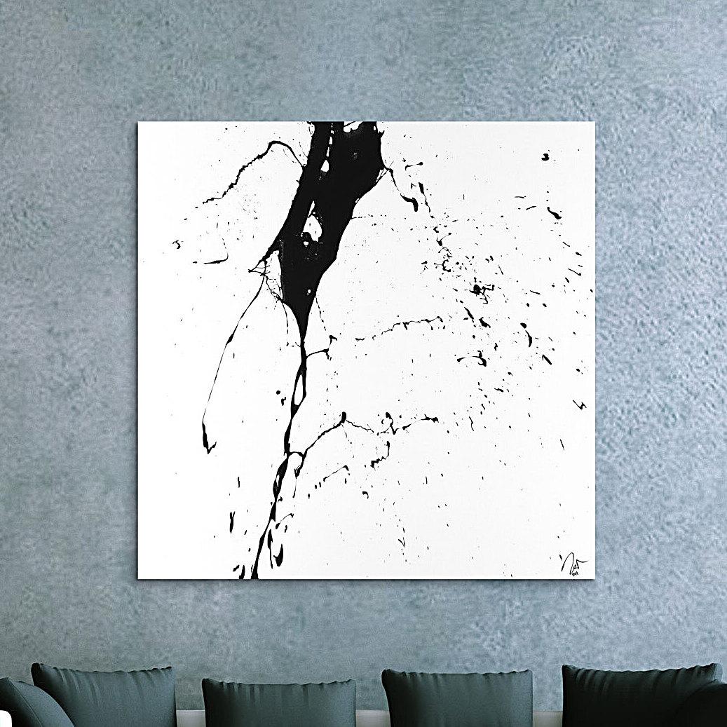 Abstraktes Acrylbild schwarz weiß minimalistisch Action Painting auf Leinwand handgemalt