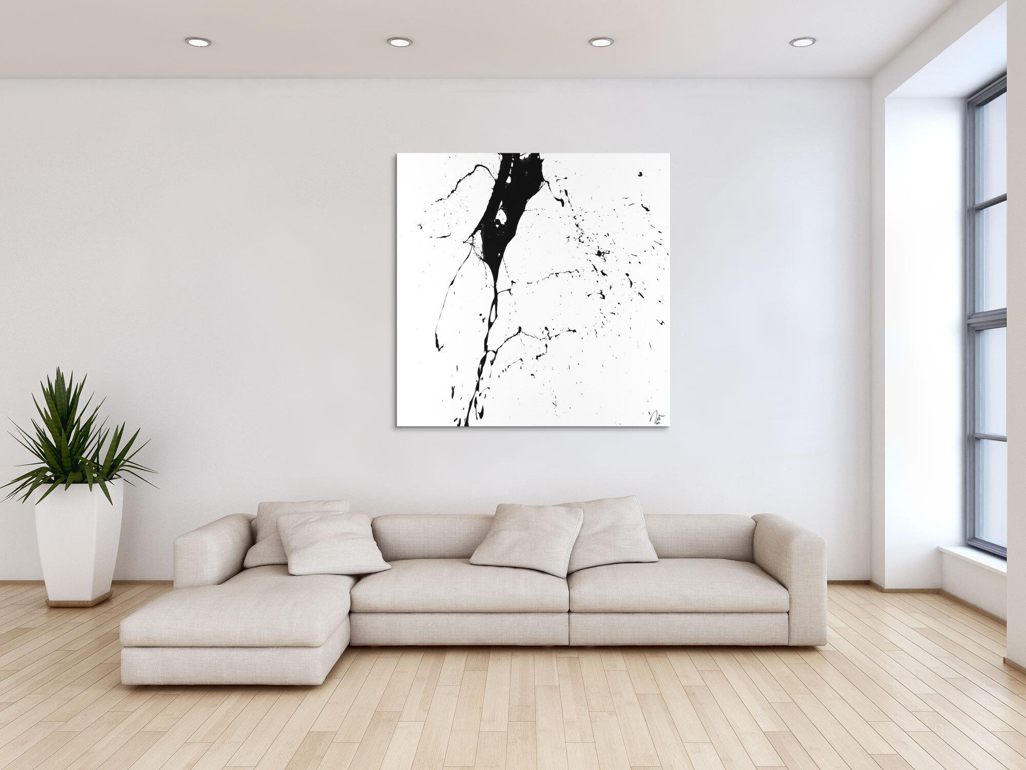 Abstraktes Acrylbild schwarz weiß minimalistisch Action Painting auf Leinwand handgemalt