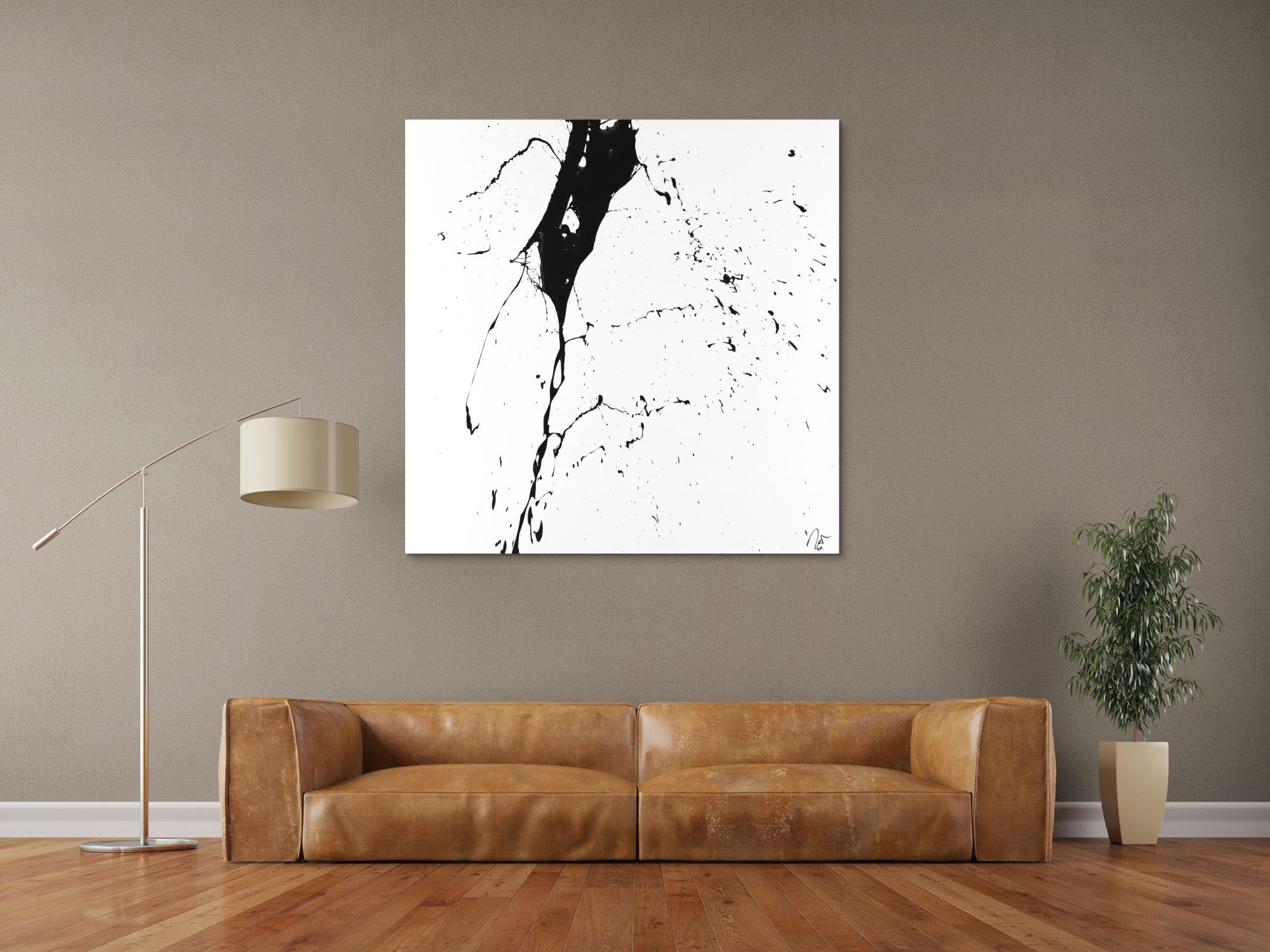 Abstraktes Acrylbild schwarz weiß minimalistisch Action Painting auf Leinwand handgemalt