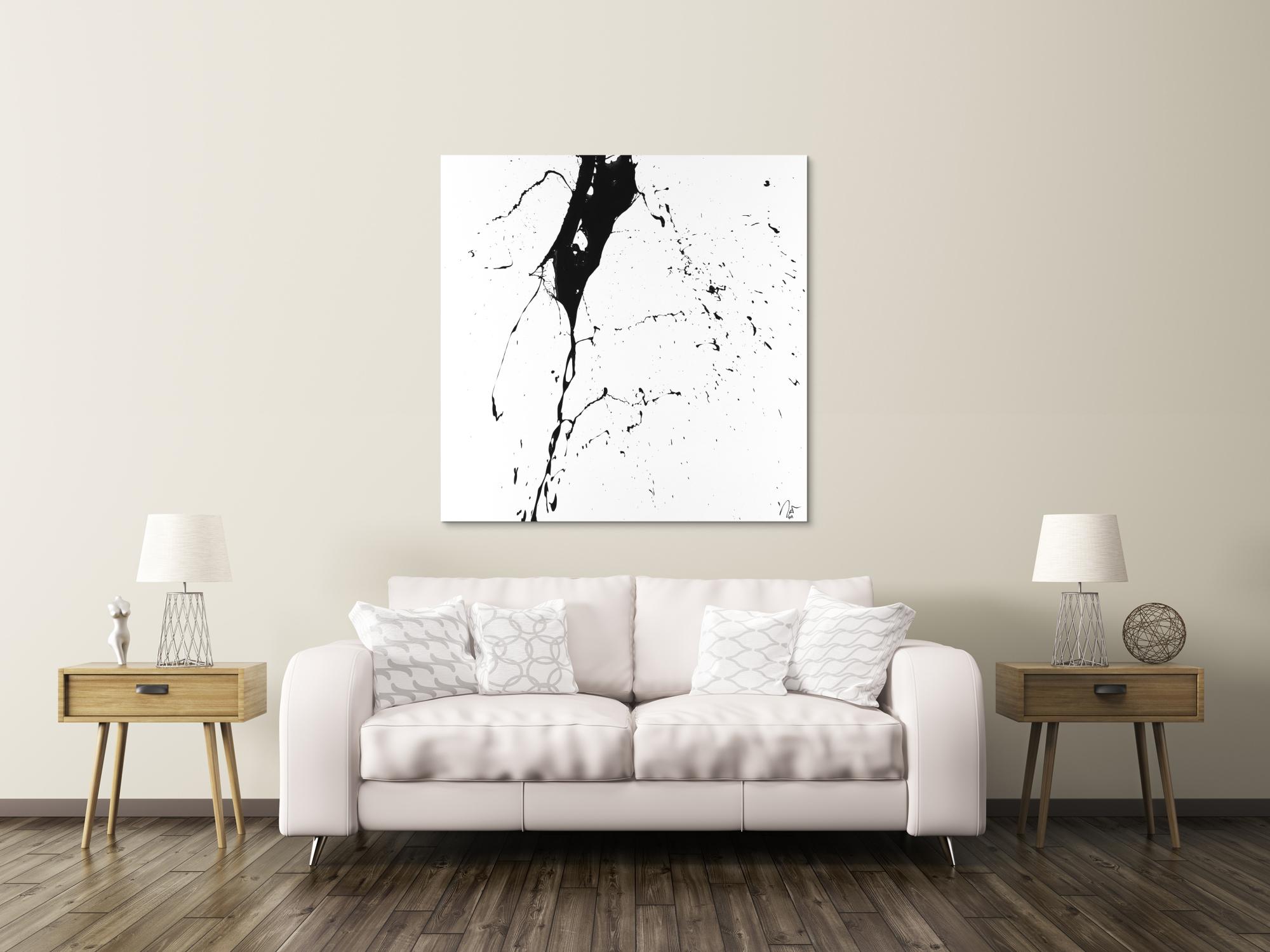 Abstraktes Acrylbild schwarz weiß minimalistisch Action Painting auf Leinwand handgemalt