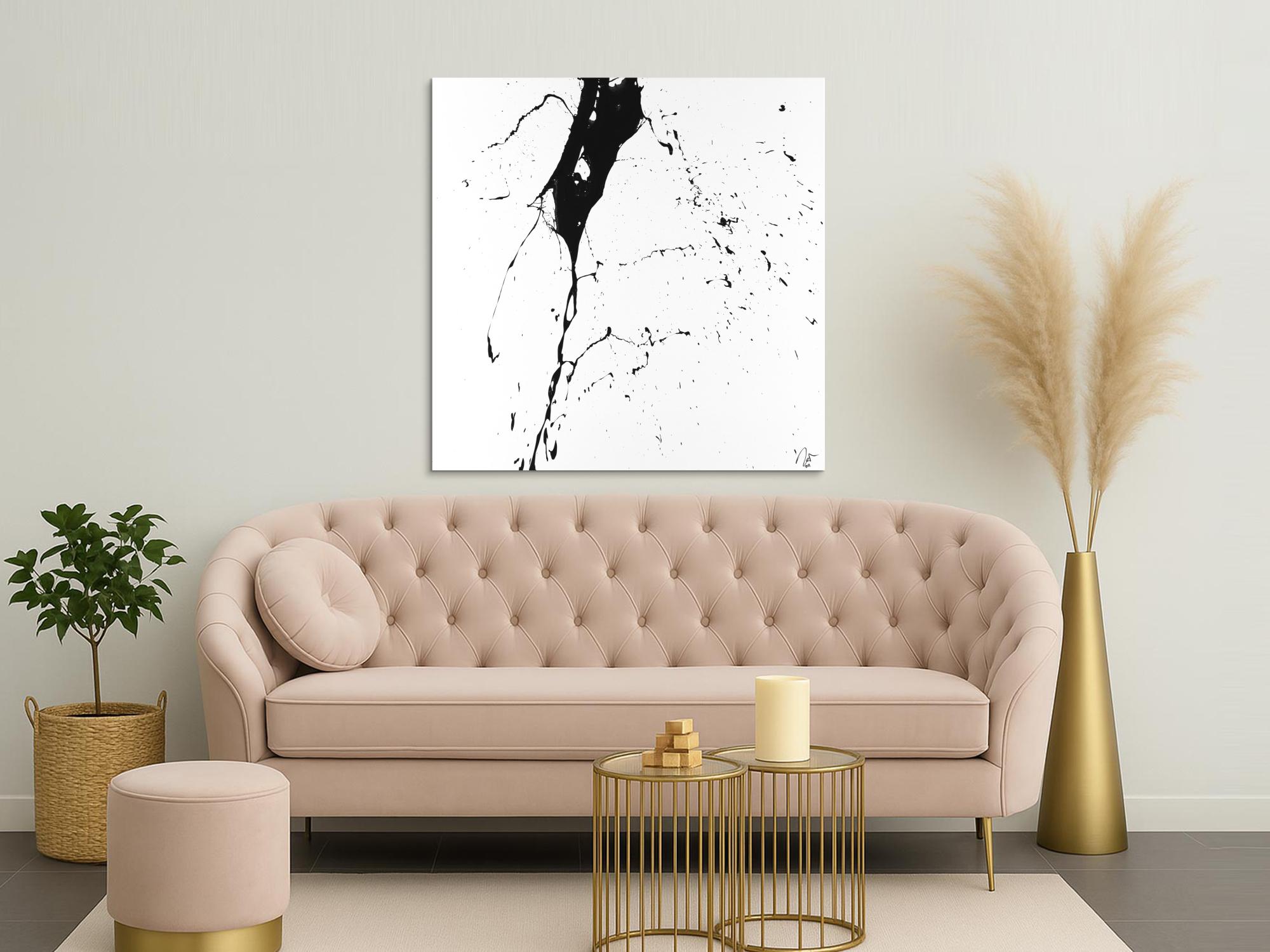 Abstraktes Acrylbild schwarz weiß minimalistisch Action Painting auf Leinwand handgemalt