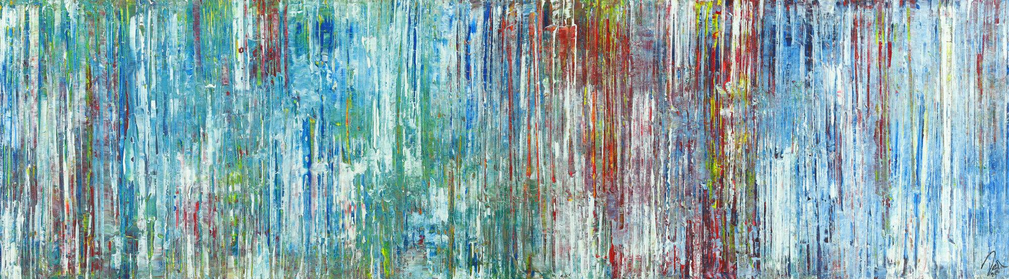 Abstraktes Acrylbild Spachteltechnik sehr modern hellblau und bunt Modern Art handgemalt auf Leinwand