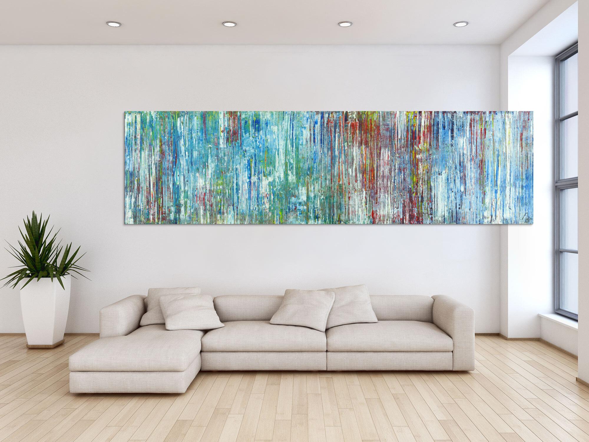 Abstraktes Acrylbild Spachteltechnik sehr modern hellblau und bunt Modern Art handgemalt auf Leinwand