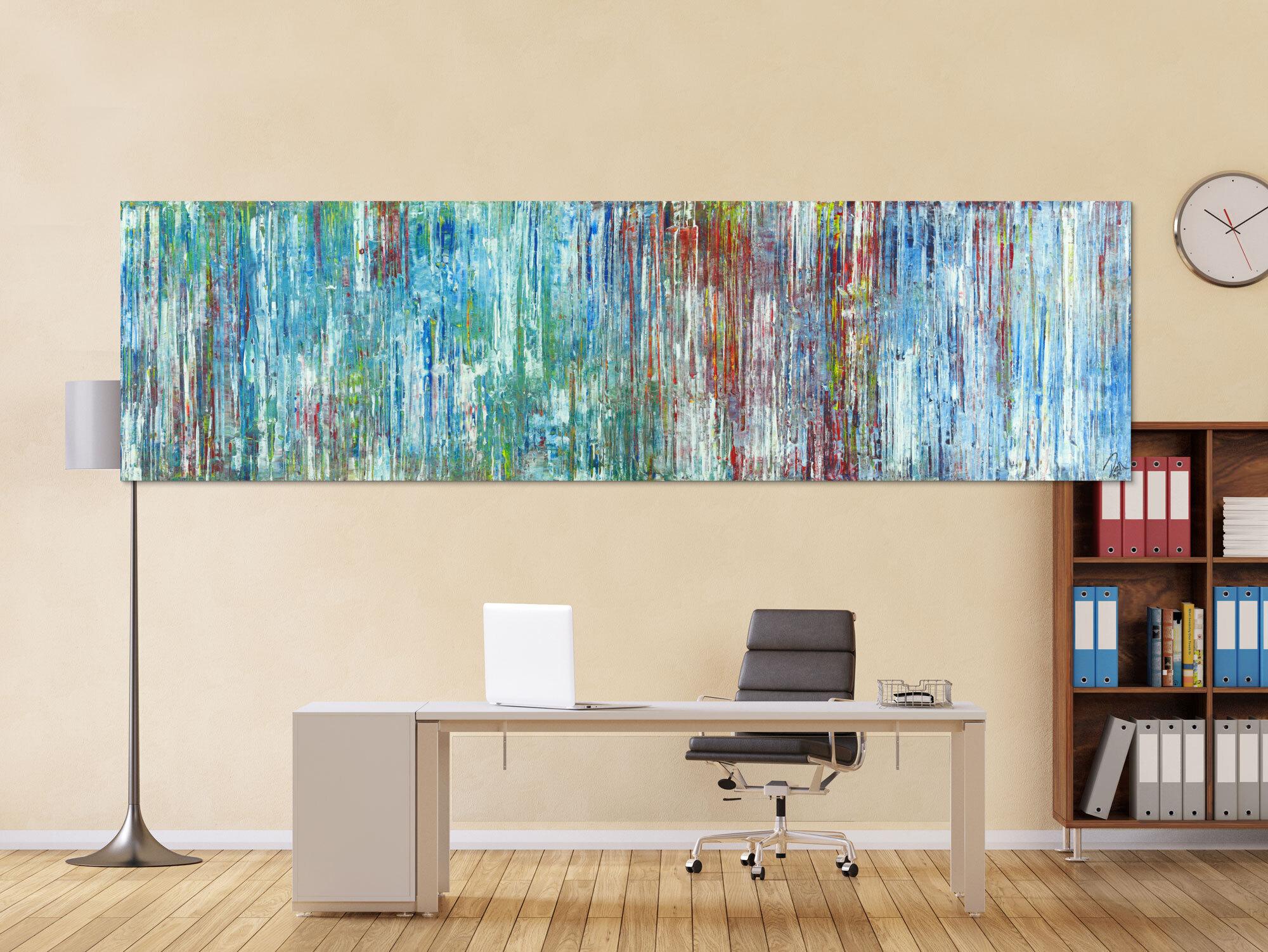 Abstraktes Acrylbild Spachteltechnik sehr modern hellblau und bunt Modern Art handgemalt auf Leinwand