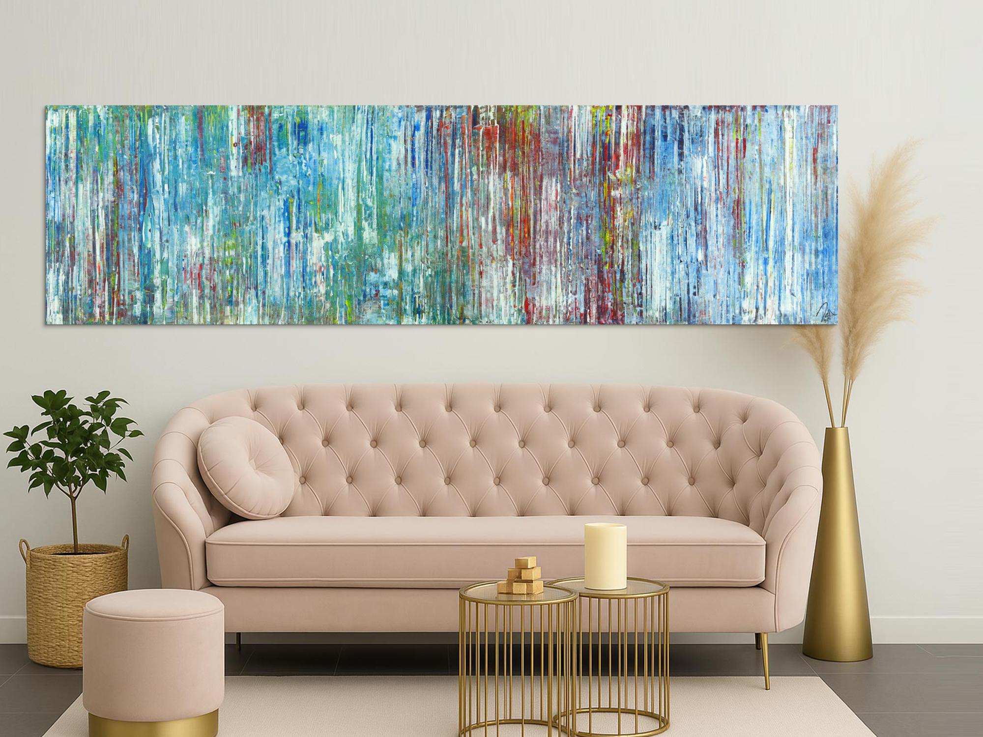 Abstraktes Acrylbild Spachteltechnik sehr modern hellblau und bunt Modern Art handgemalt auf Leinwand