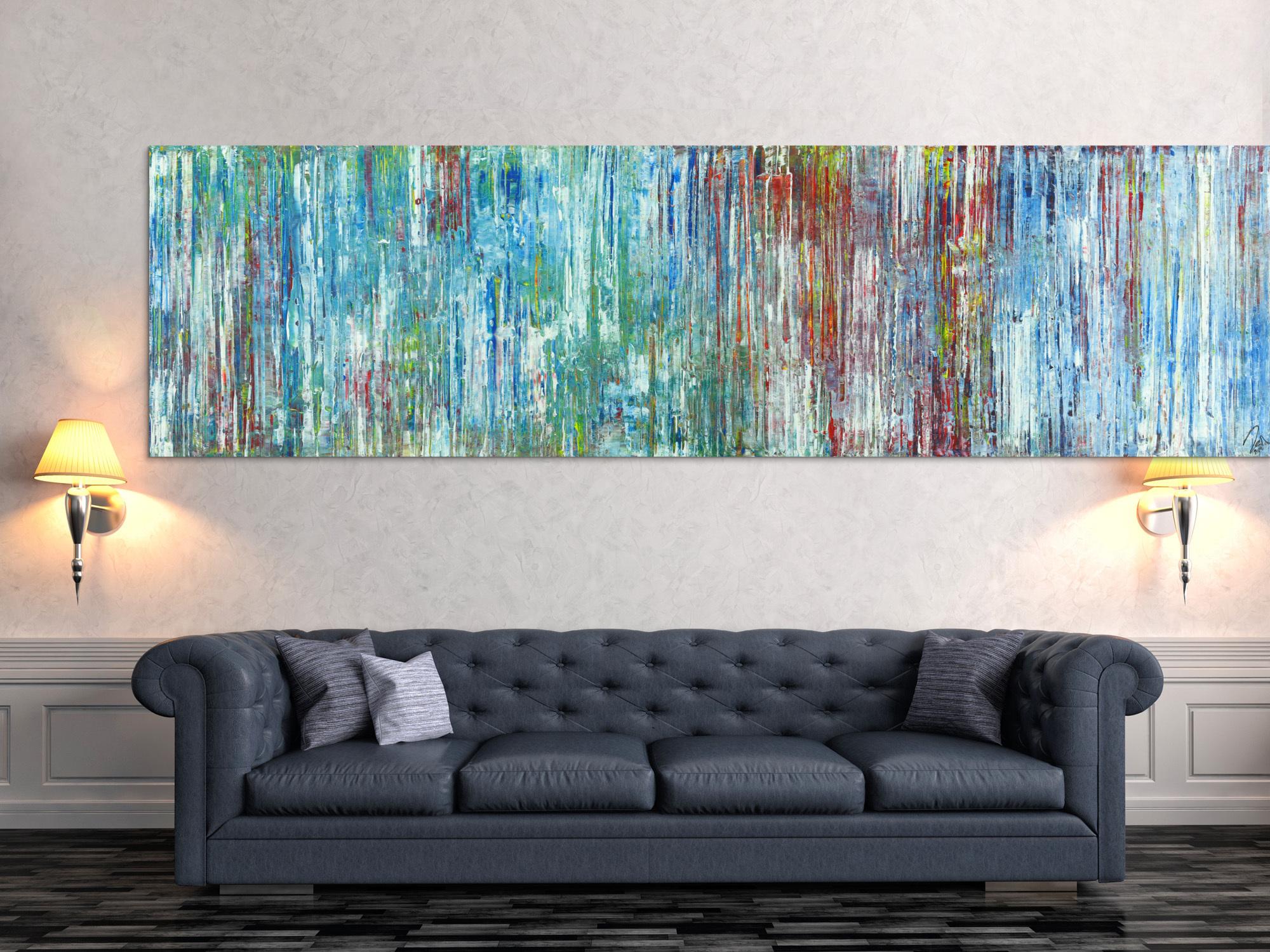 Abstraktes Acrylbild Spachteltechnik sehr modern hellblau und bunt Modern Art handgemalt auf Leinwand