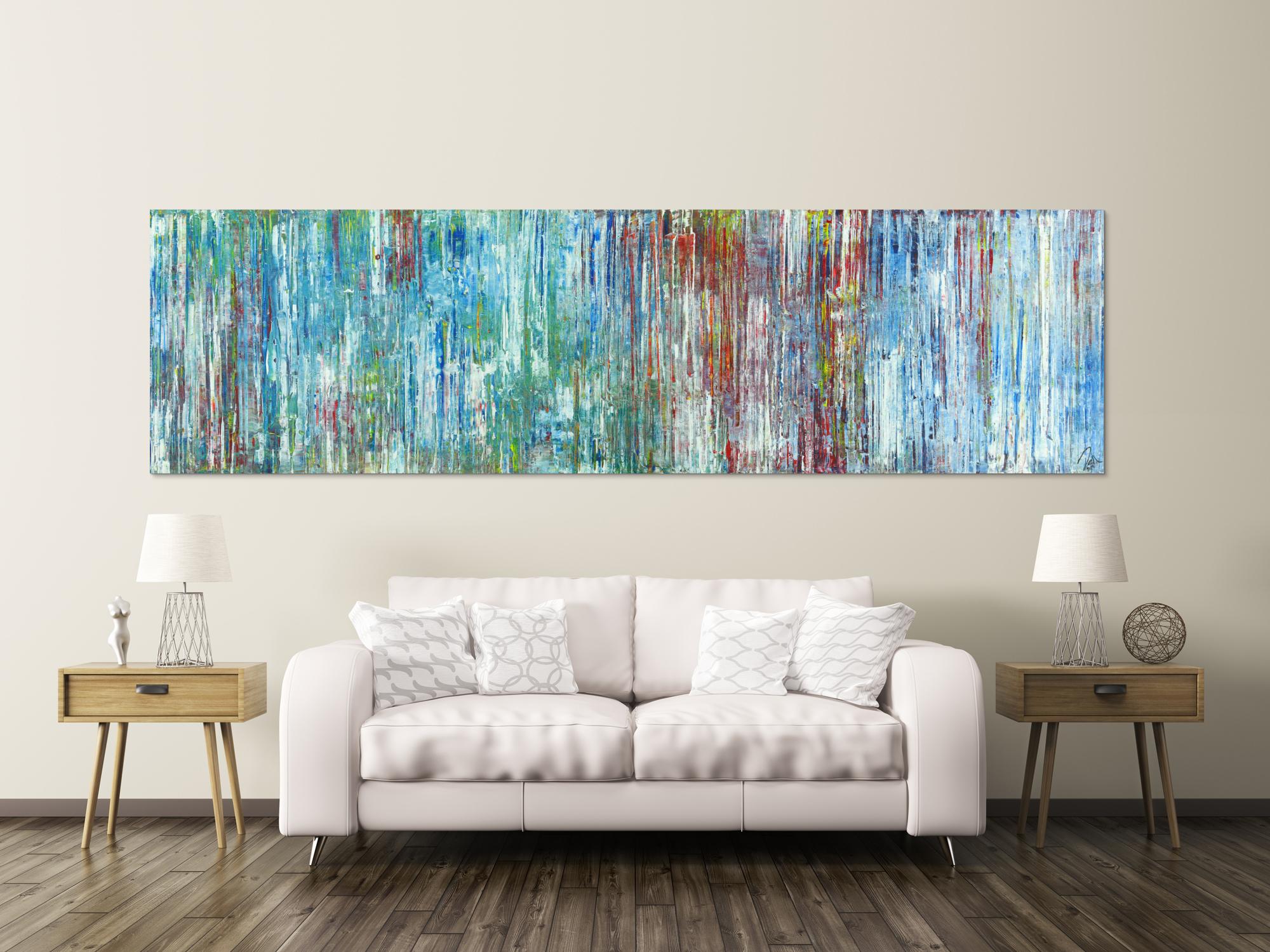 Abstraktes Acrylbild Spachteltechnik sehr modern hellblau und bunt Modern Art handgemalt auf Leinwand