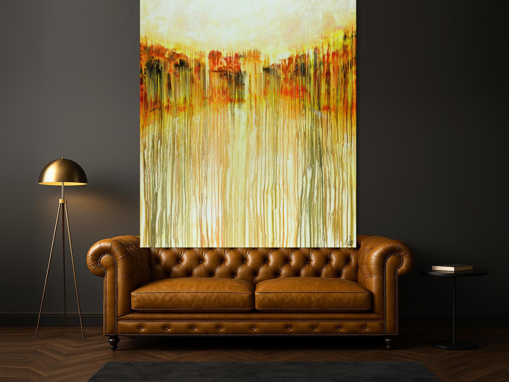 Abstraktes Acrylbild auf Leinwand handgemalt im Hochformat orange Farben Modern Art