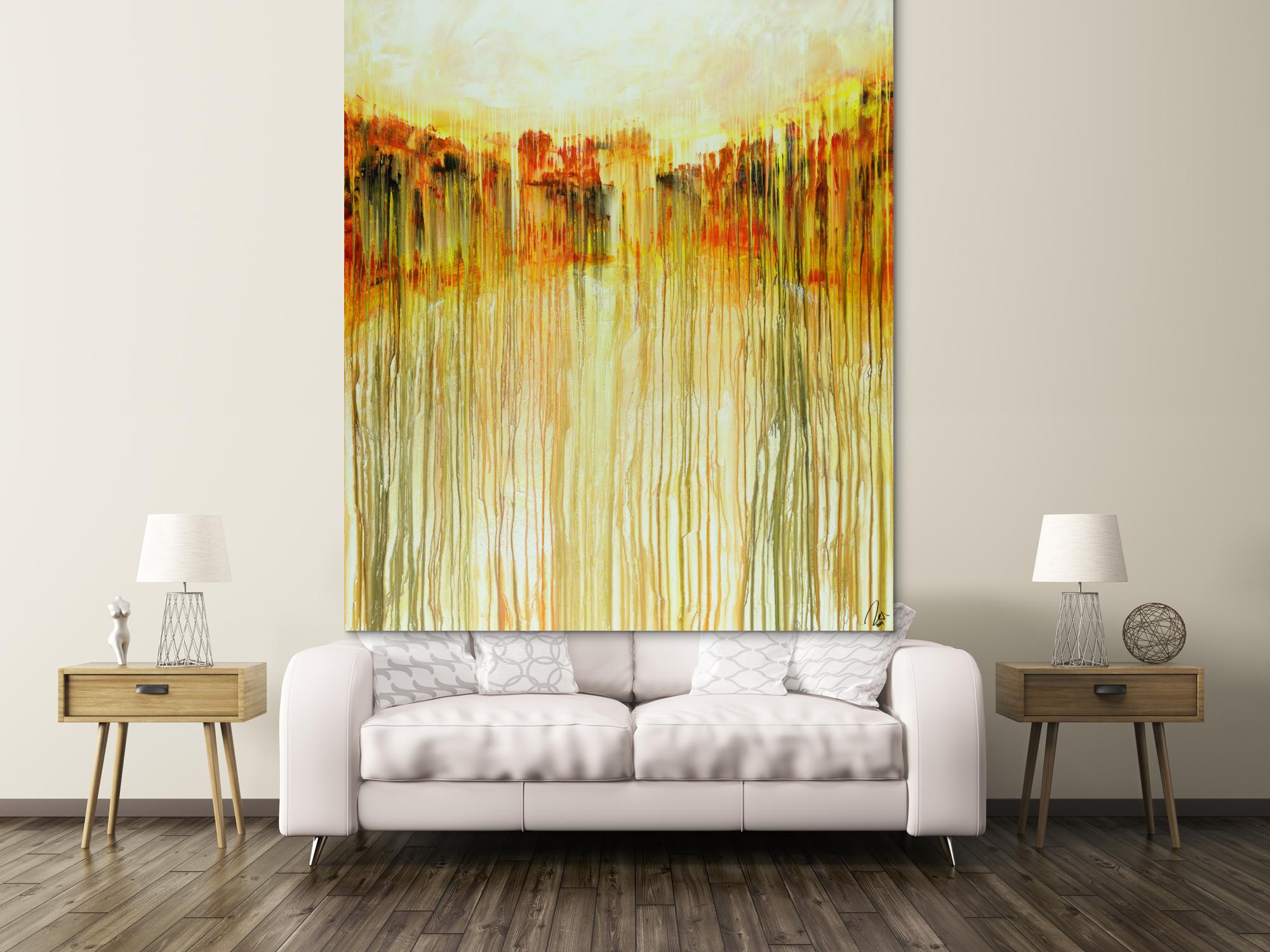 Abstraktes Acrylbild auf Leinwand handgemalt im Hochformat orange Farben Modern Art