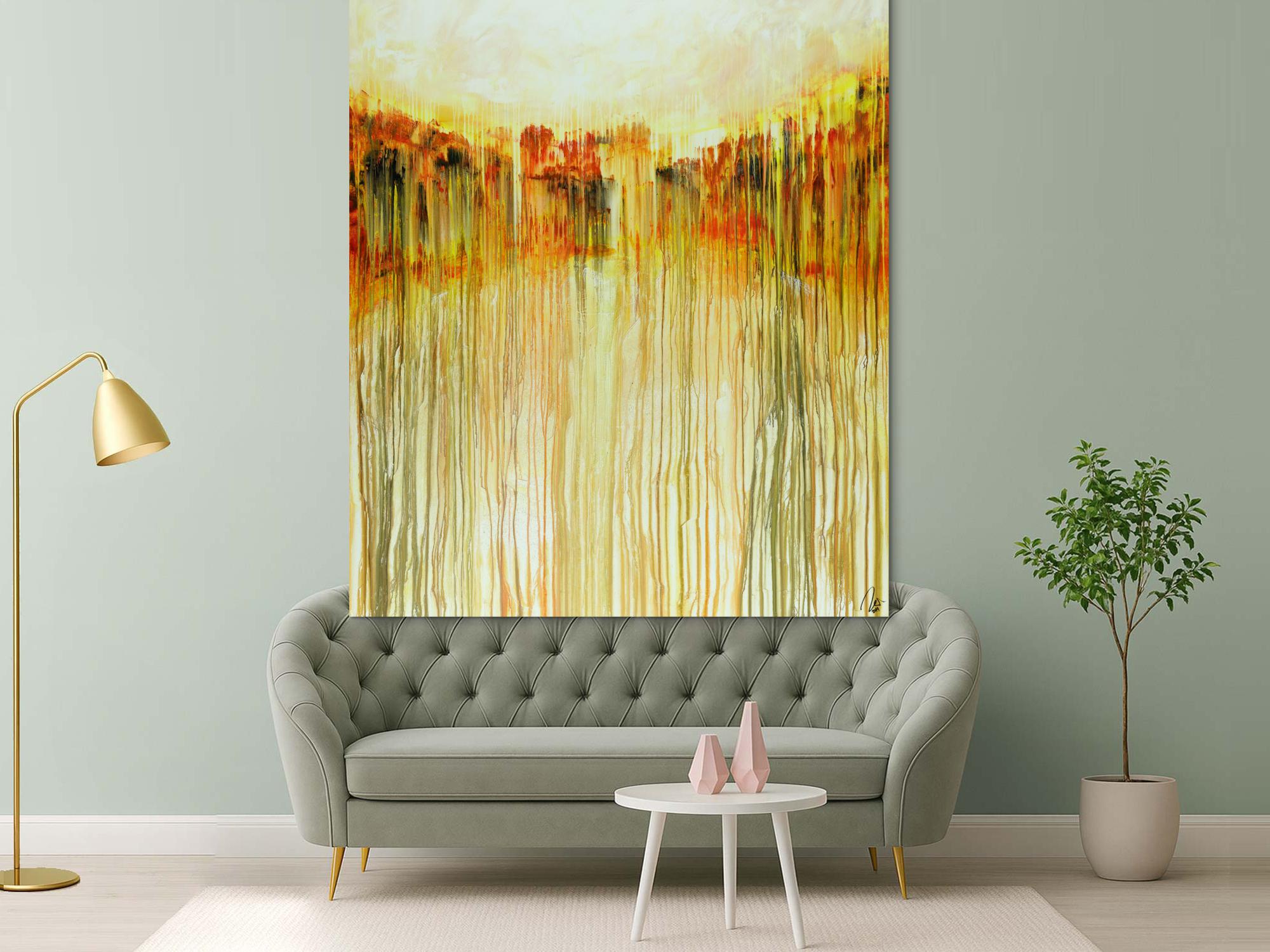 Abstraktes Acrylbild auf Leinwand handgemalt im Hochformat orange Farben Modern Art