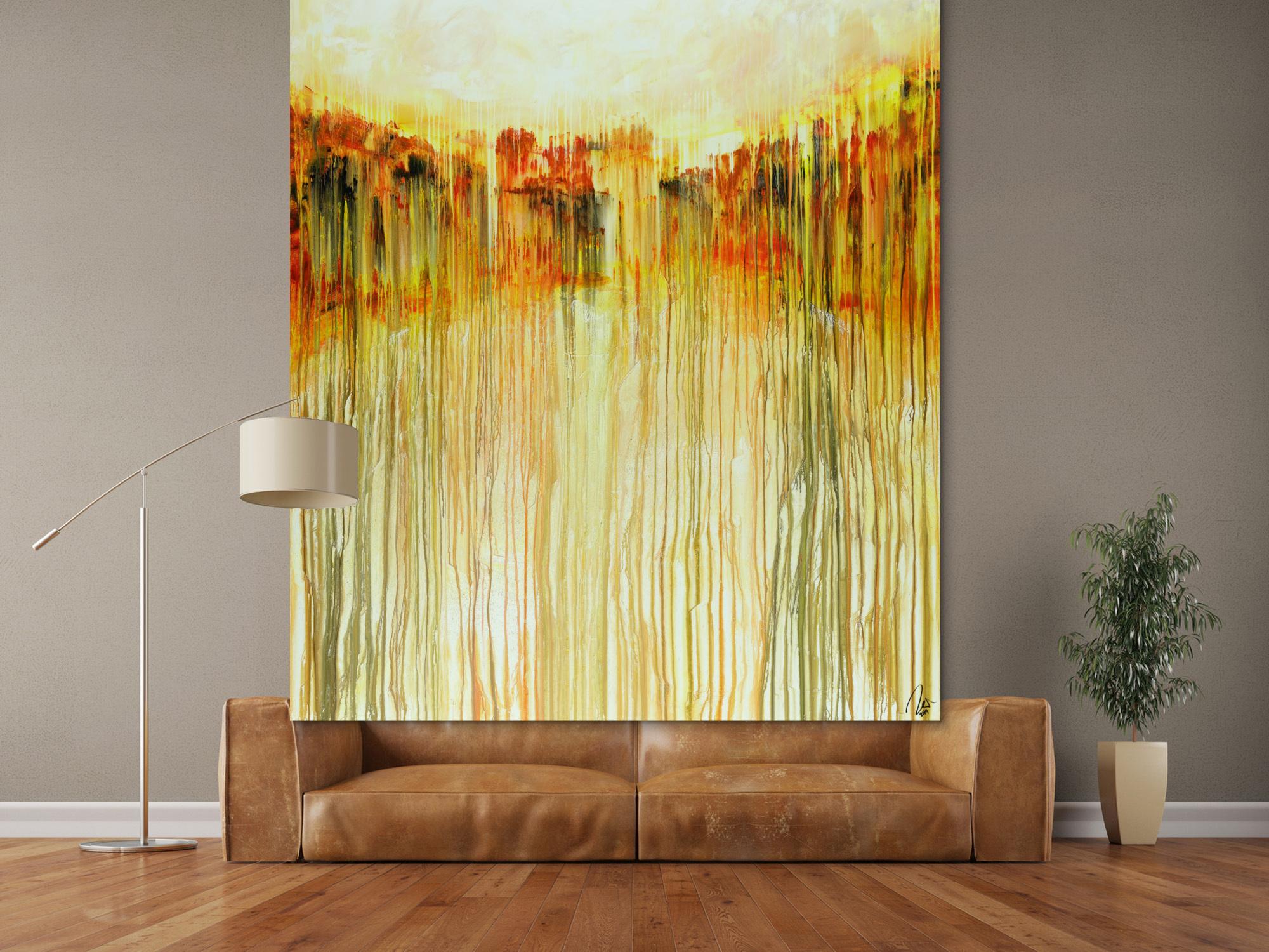 Abstraktes Acrylbild auf Leinwand handgemalt im Hochformat orange Farben Modern Art