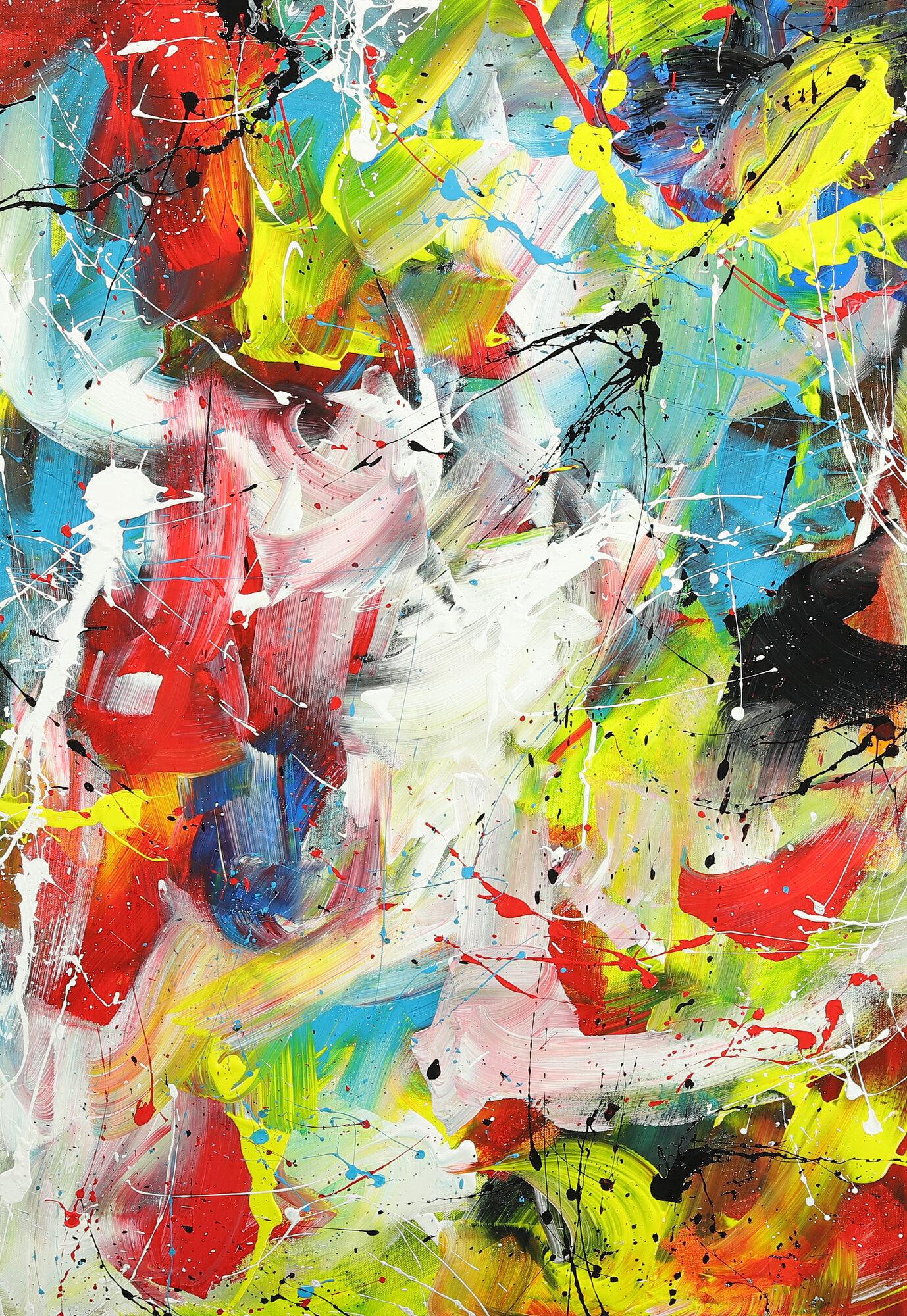 Abstraktes Acrylbild Action Painting sehr bunt Modern Art auf Leinwand handgemalt