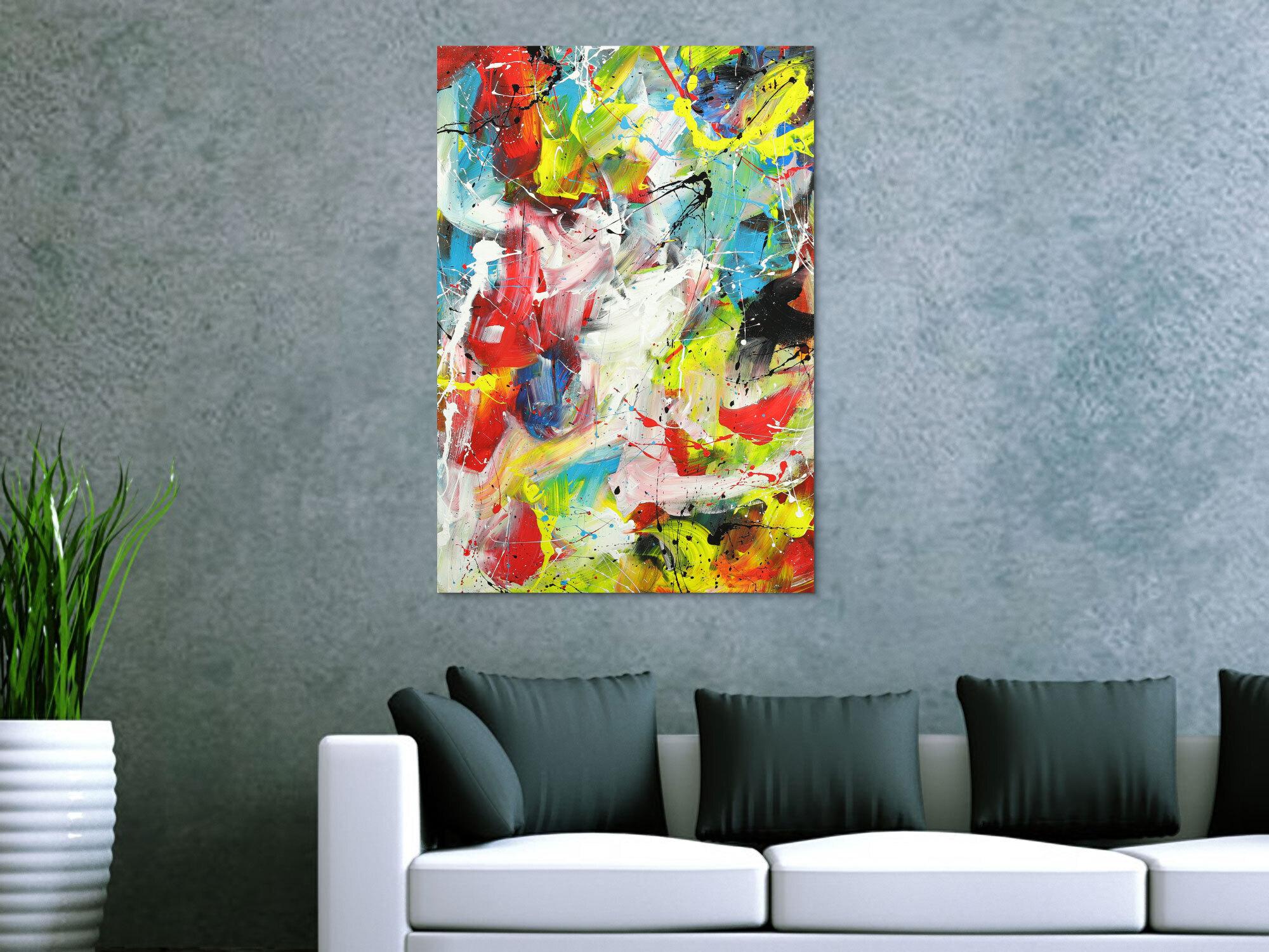 Abstraktes Acrylbild Action Painting sehr bunt Modern Art auf Leinwand handgemalt