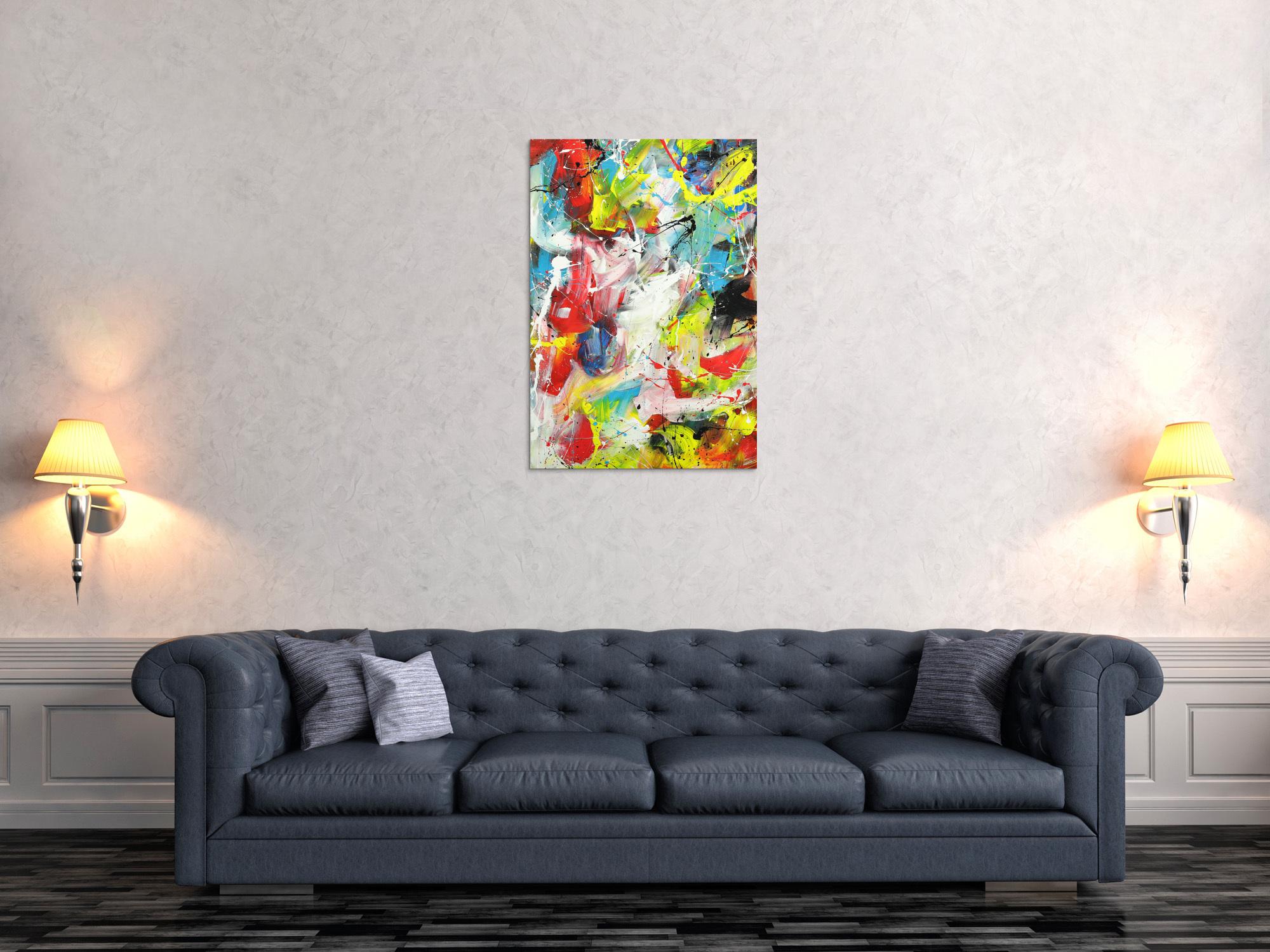 Abstraktes Acrylbild Action Painting sehr bunt Modern Art auf Leinwand handgemalt