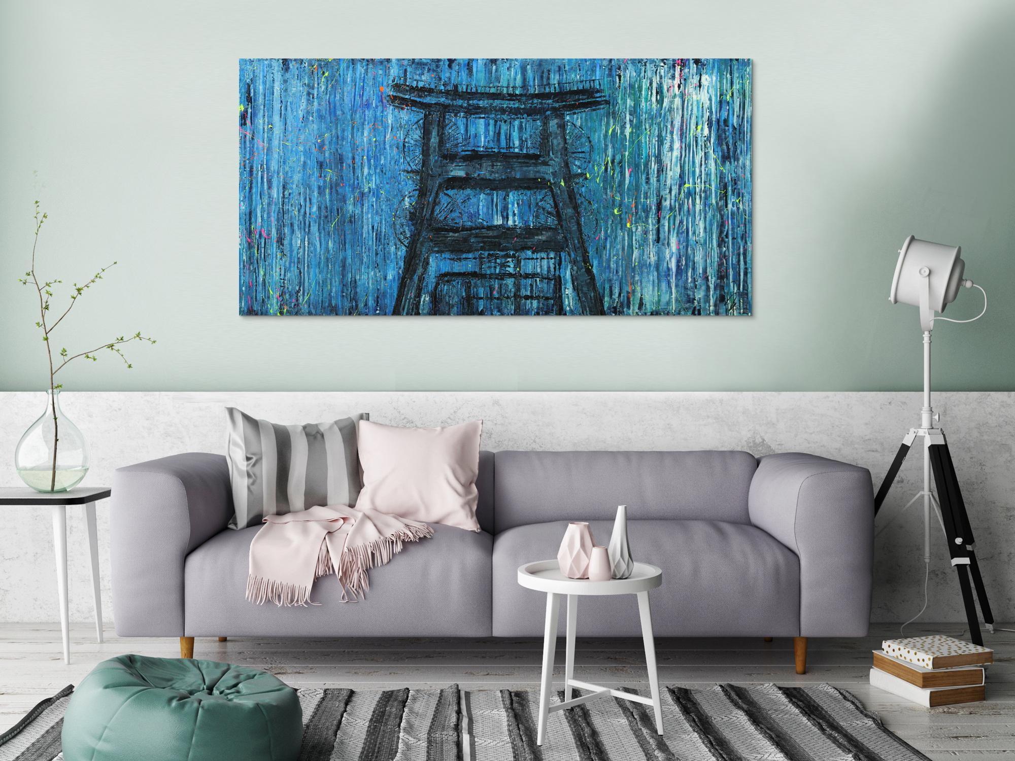 Abstraktes Bild auf Leinwand handgemalt Modern Art blau türkis zeitgenössisch 