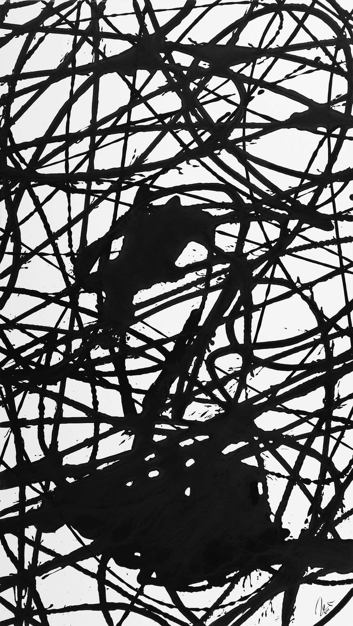 Abstraktes Acrylbild schwarz weiß Action Painting Modern Art minimalistisch Hochformat