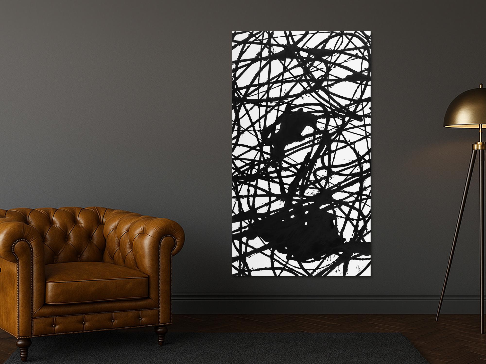 Abstraktes Acrylbild schwarz weiß Action Painting Modern Art minimalistisch Hochformat