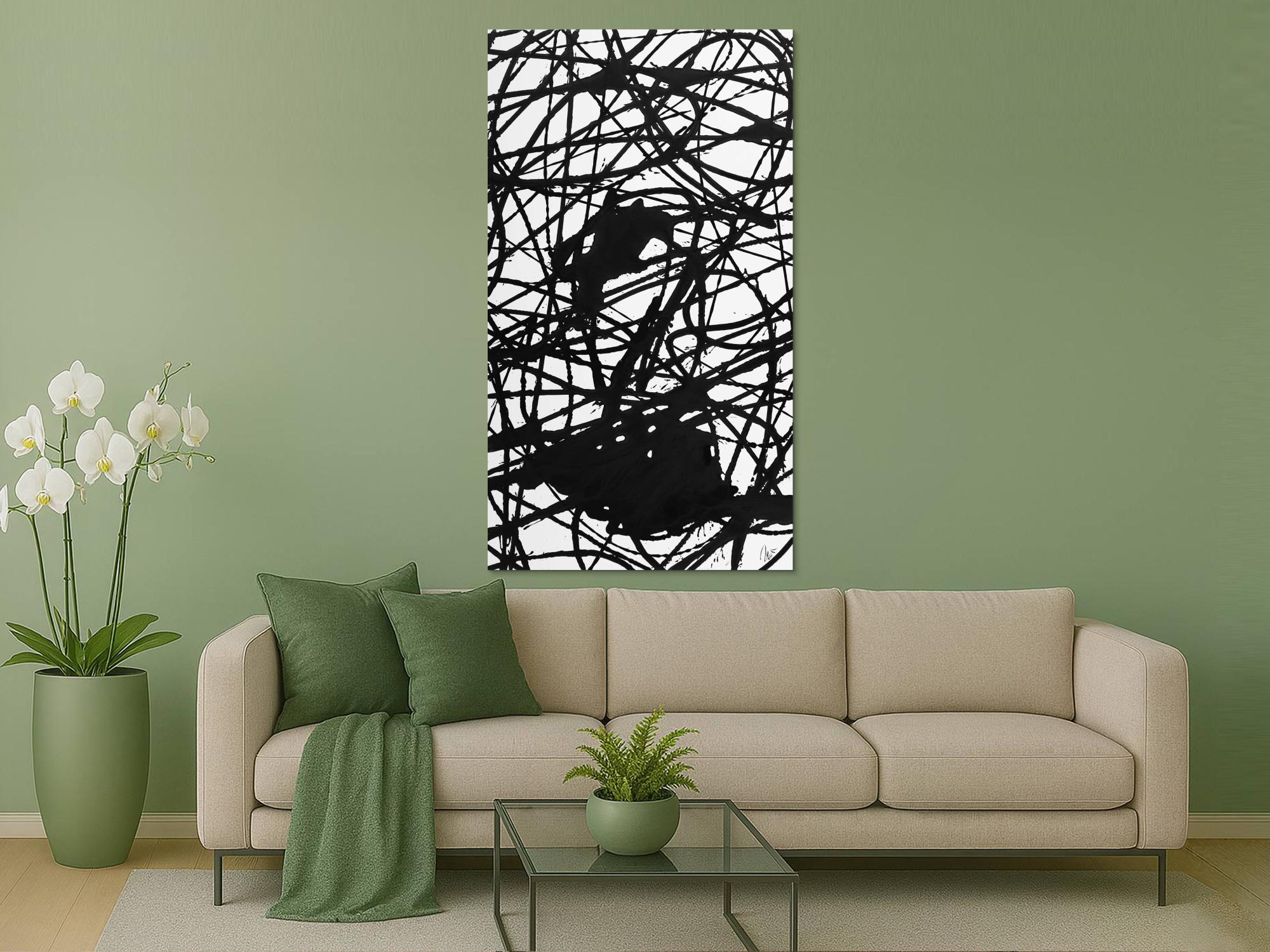 Abstraktes Acrylbild schwarz weiß Action Painting Modern Art minimalistisch Hochformat