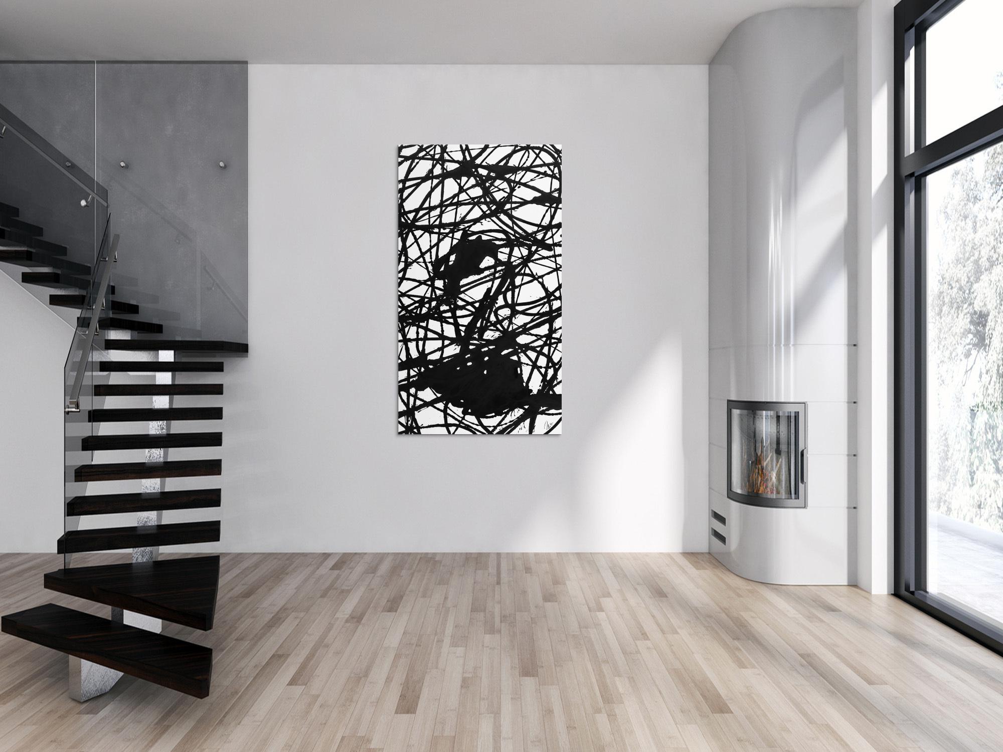 Abstraktes Acrylbild schwarz weiß Action Painting Modern Art minimalistisch Hochformat