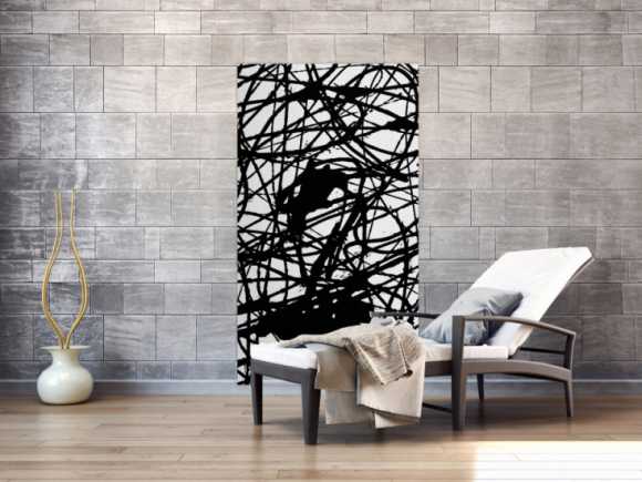 Abstraktes Acrylbild schwarz weiß Action Painting Modern Art minimalistisch Hochformat