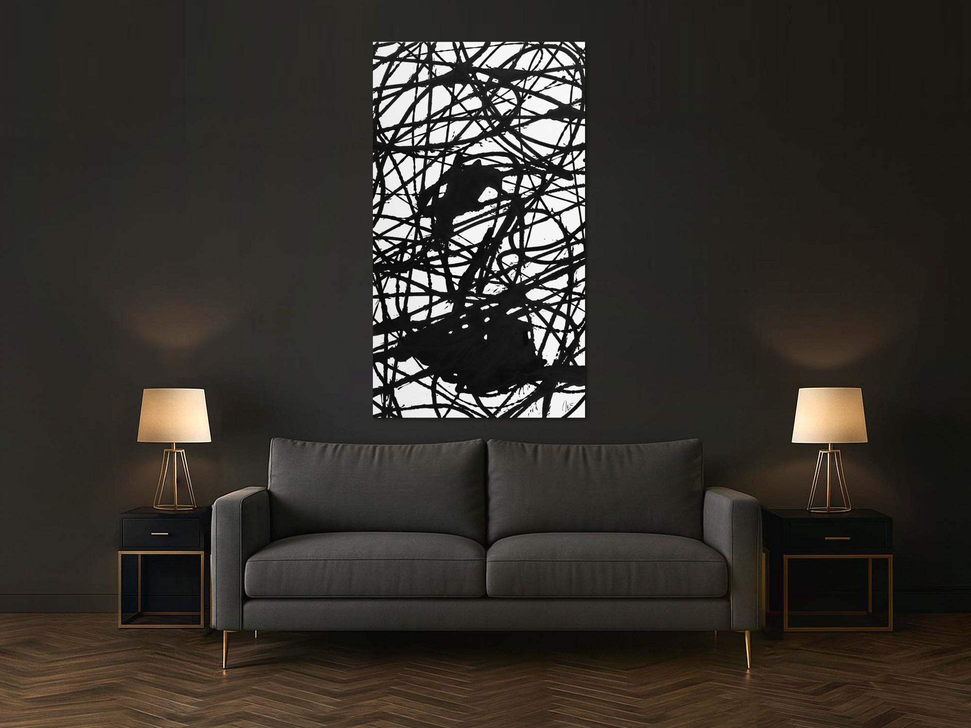 Abstraktes Acrylbild schwarz weiß Action Painting Modern Art minimalistisch Hochformat