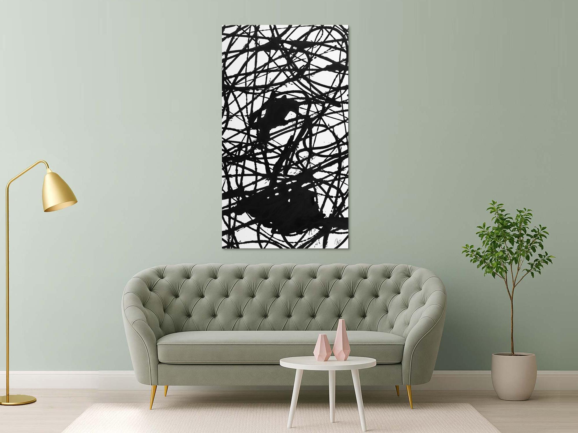 Abstraktes Acrylbild schwarz weiß Action Painting Modern Art minimalistisch Hochformat