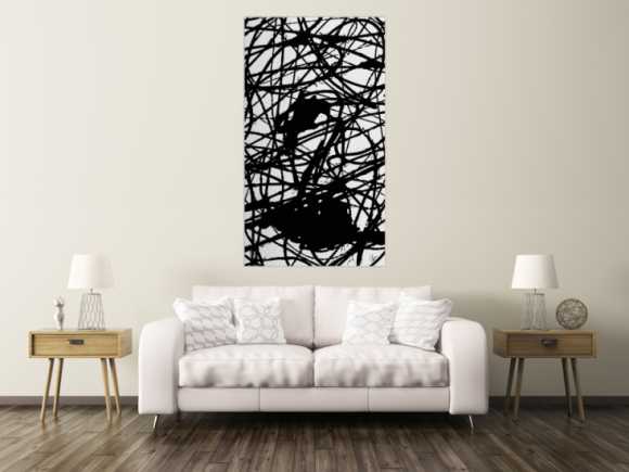 Abstraktes Acrylbild schwarz weiß Action Painting Modern Art minimalistisch Hochformat