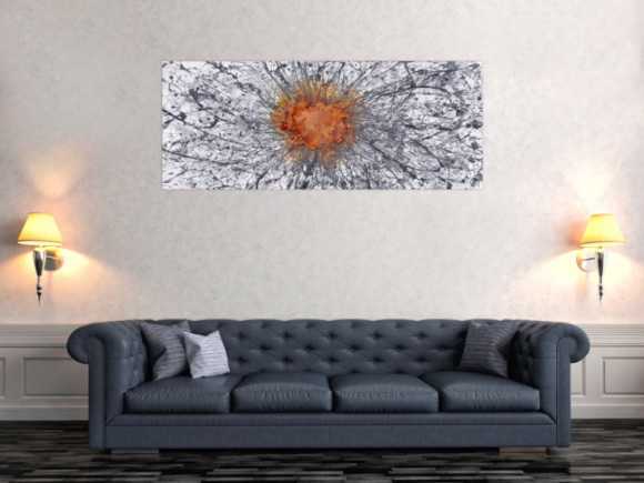 Abstraktes Original Gemälde 60x150cm Aus echtem Rost Moderne Kunst handgemalt Action Painting anthrazit grau weiß hochwertig