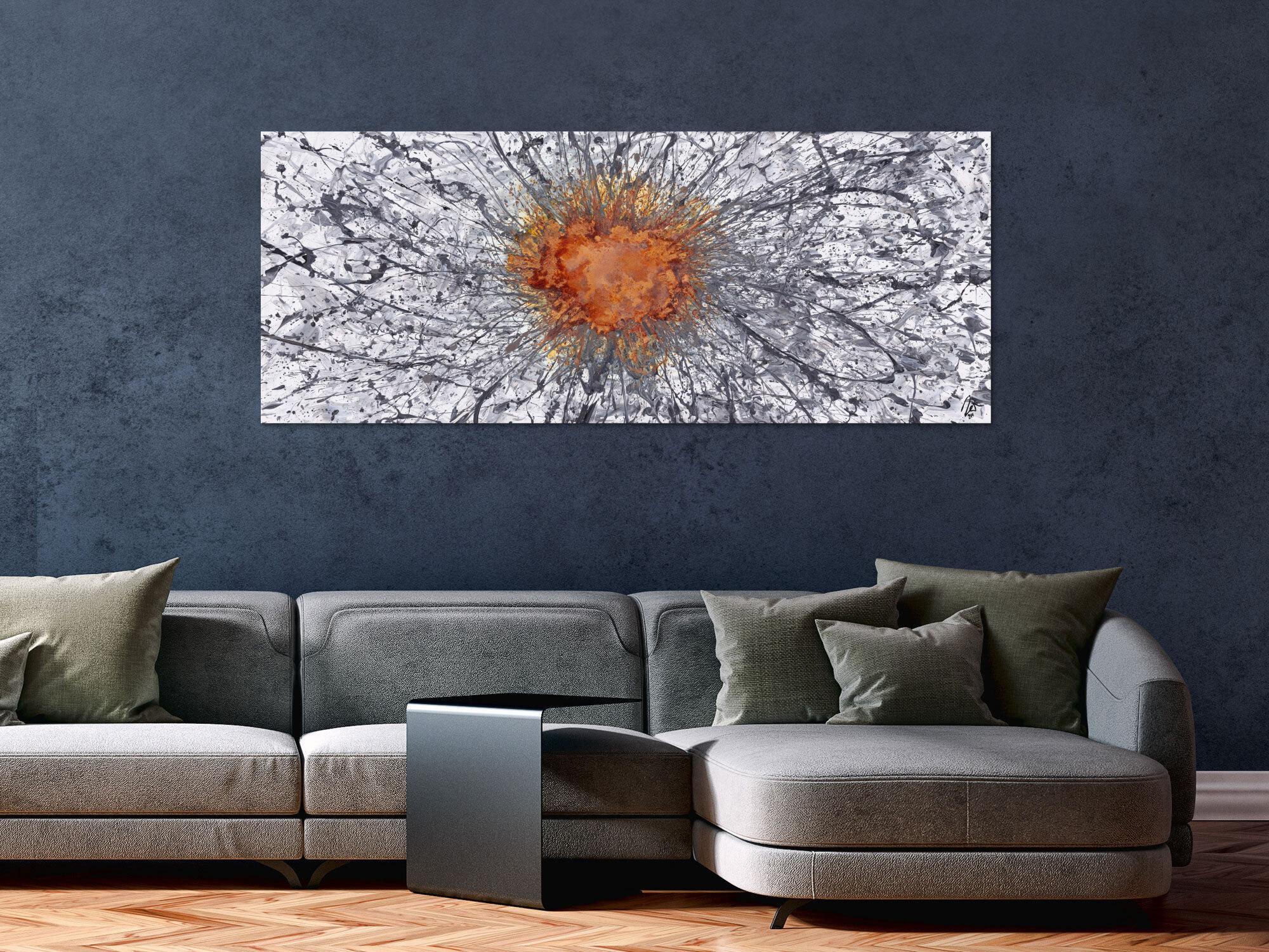 Abstraktes Original Gemälde 60x150cm Aus echtem Rost Moderne Kunst handgemalt Action Painting anthrazit grau weiß hochwertig