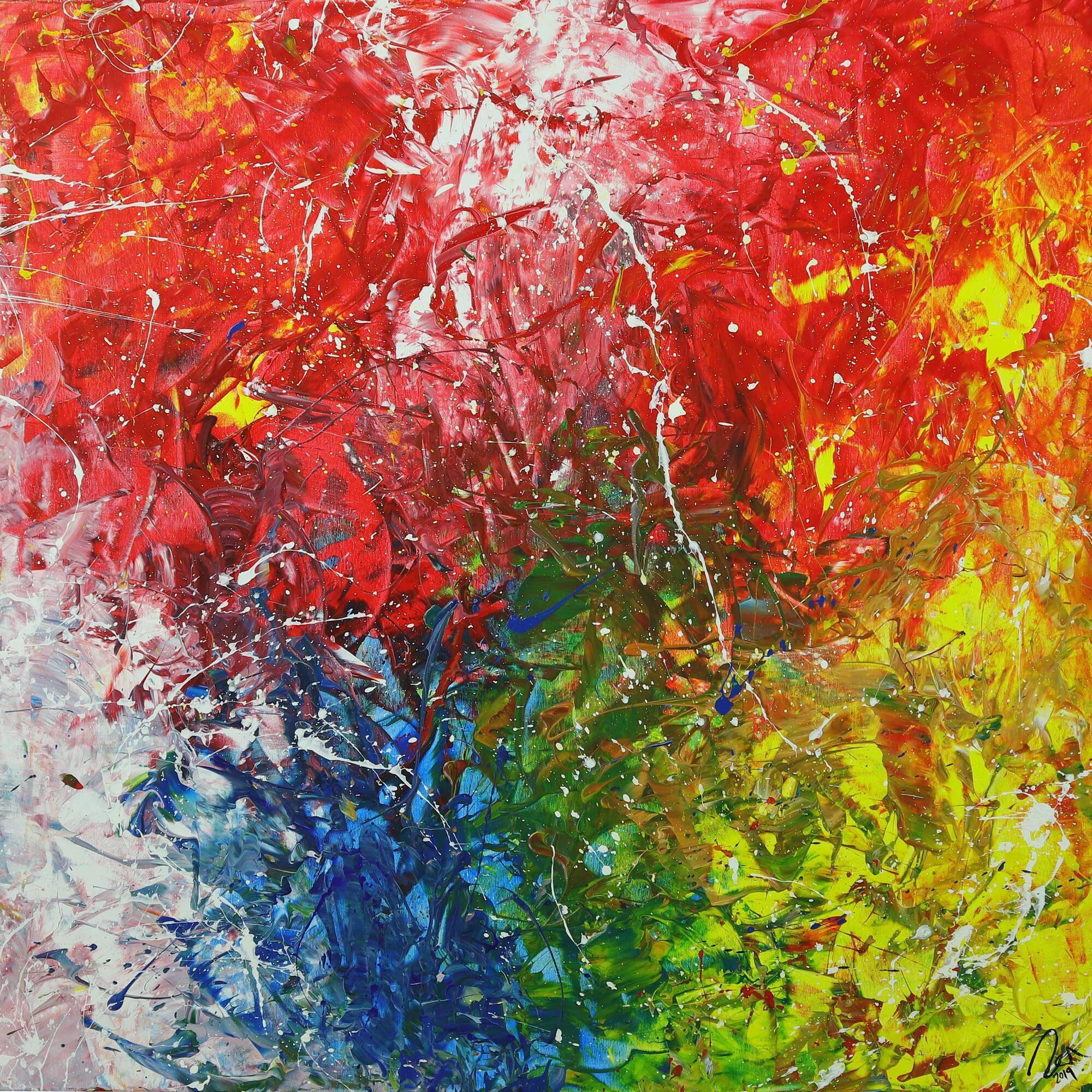 Abstraktes Acrylbild sehr bunt Action Paintng und Spachteltechnik auf Leinwand handgemalt