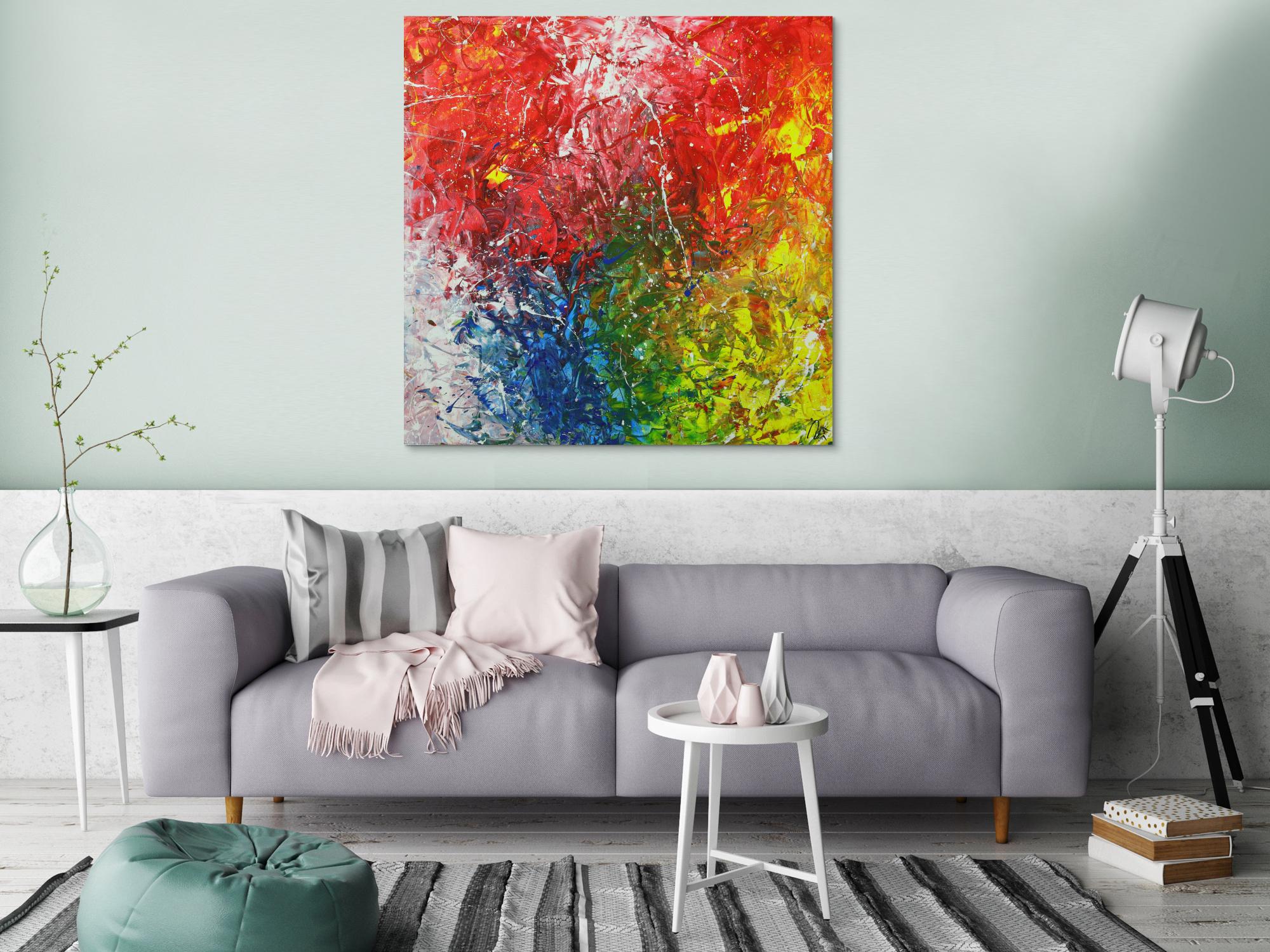 Abstraktes Acrylbild sehr bunt Action Paintng und Spachteltechnik auf Leinwand handgemalt