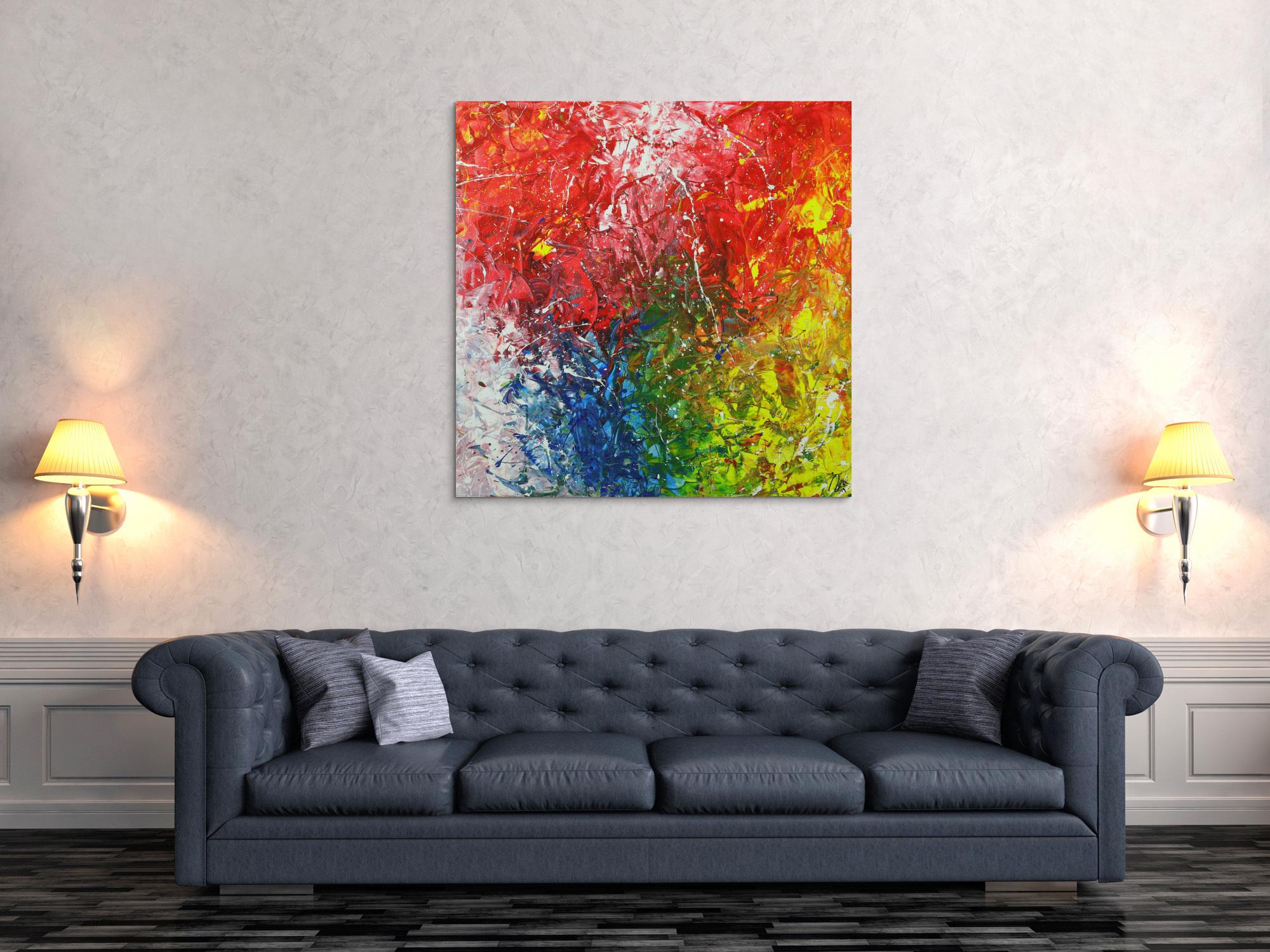 Abstraktes Acrylbild sehr bunt Action Paintng und Spachteltechnik auf Leinwand handgemalt