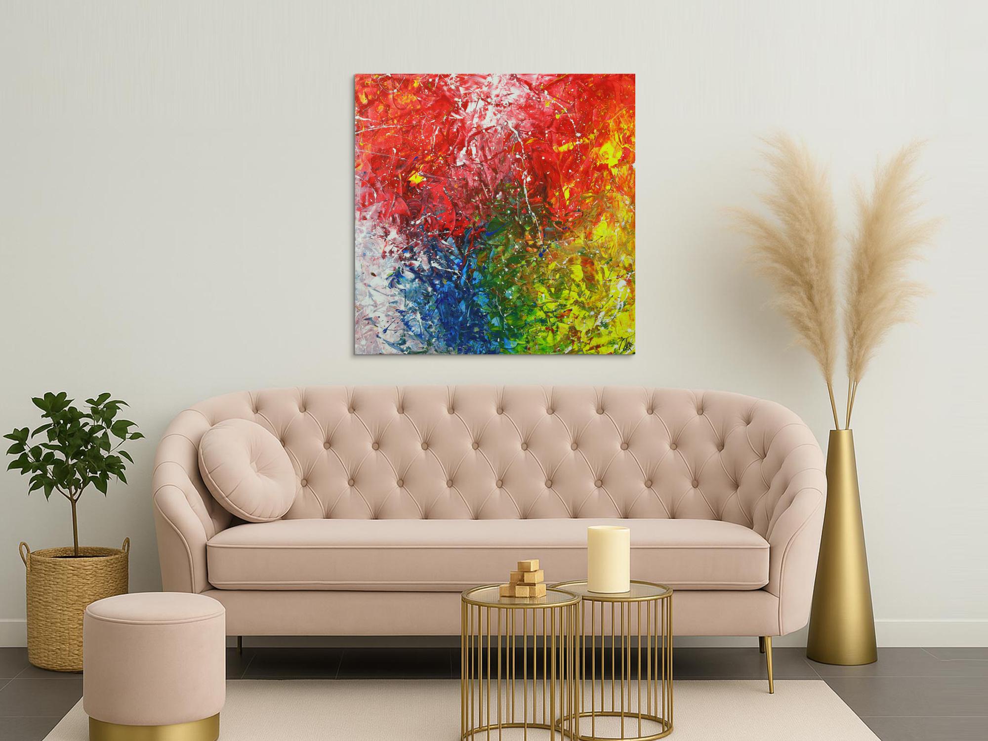 Abstraktes Acrylbild sehr bunt Action Paintng und Spachteltechnik auf Leinwand handgemalt