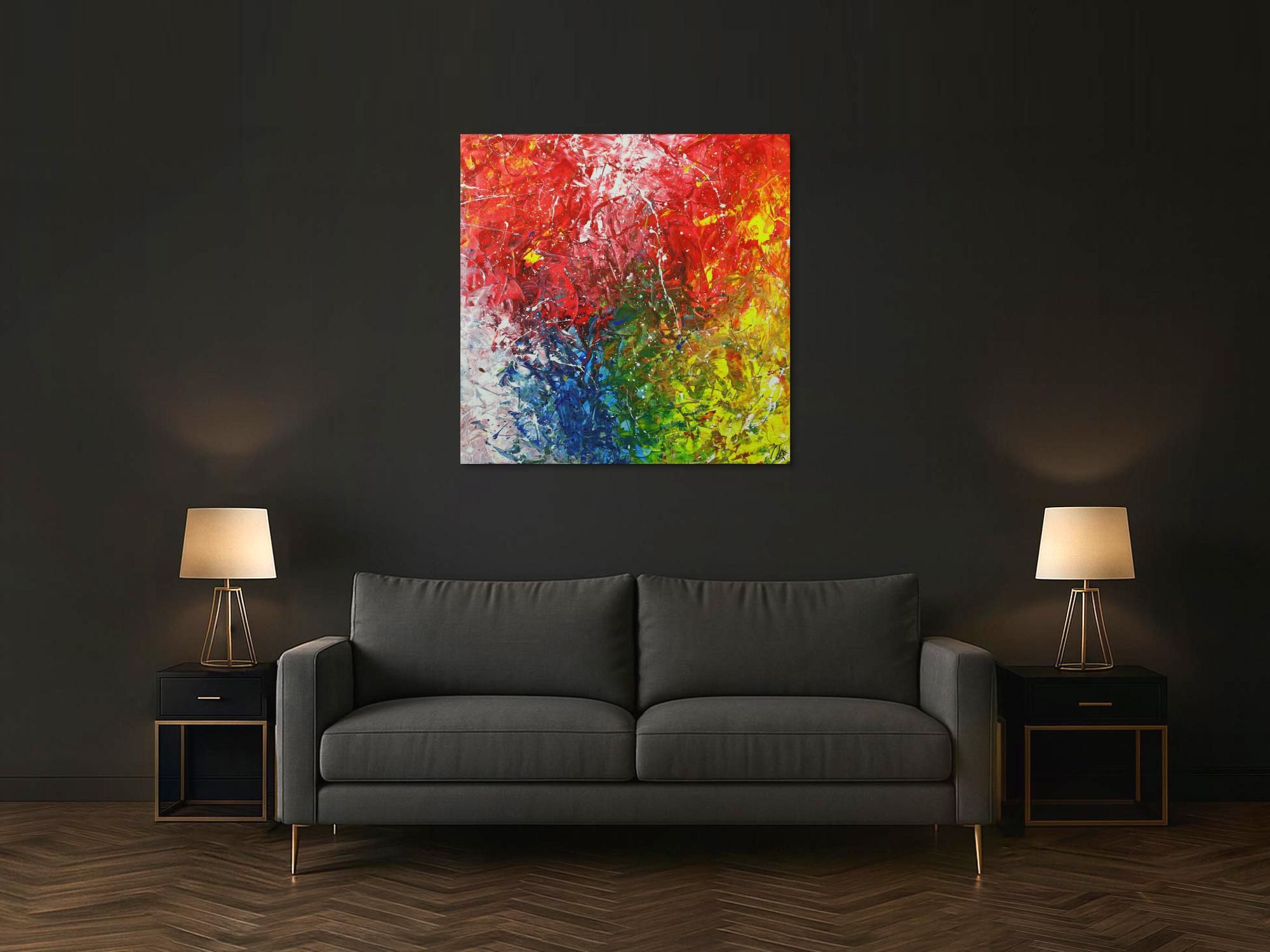 Abstraktes Acrylbild sehr bunt Action Paintng und Spachteltechnik auf Leinwand handgemalt