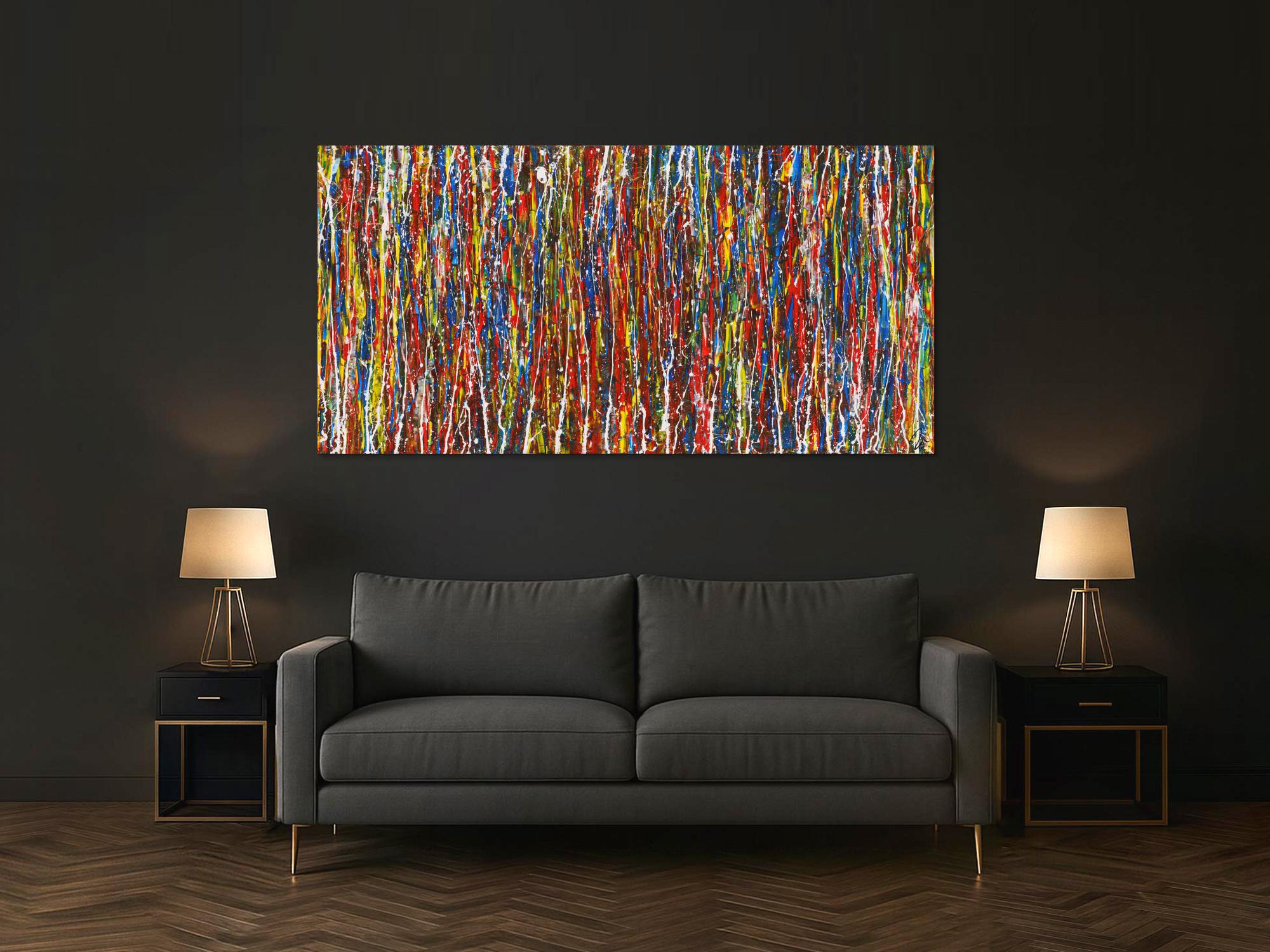 Abstraktes Gemälde auf Leinwand Acryl Action Paintng handgemalt sehr bunt zeitgenössisch Modern Art