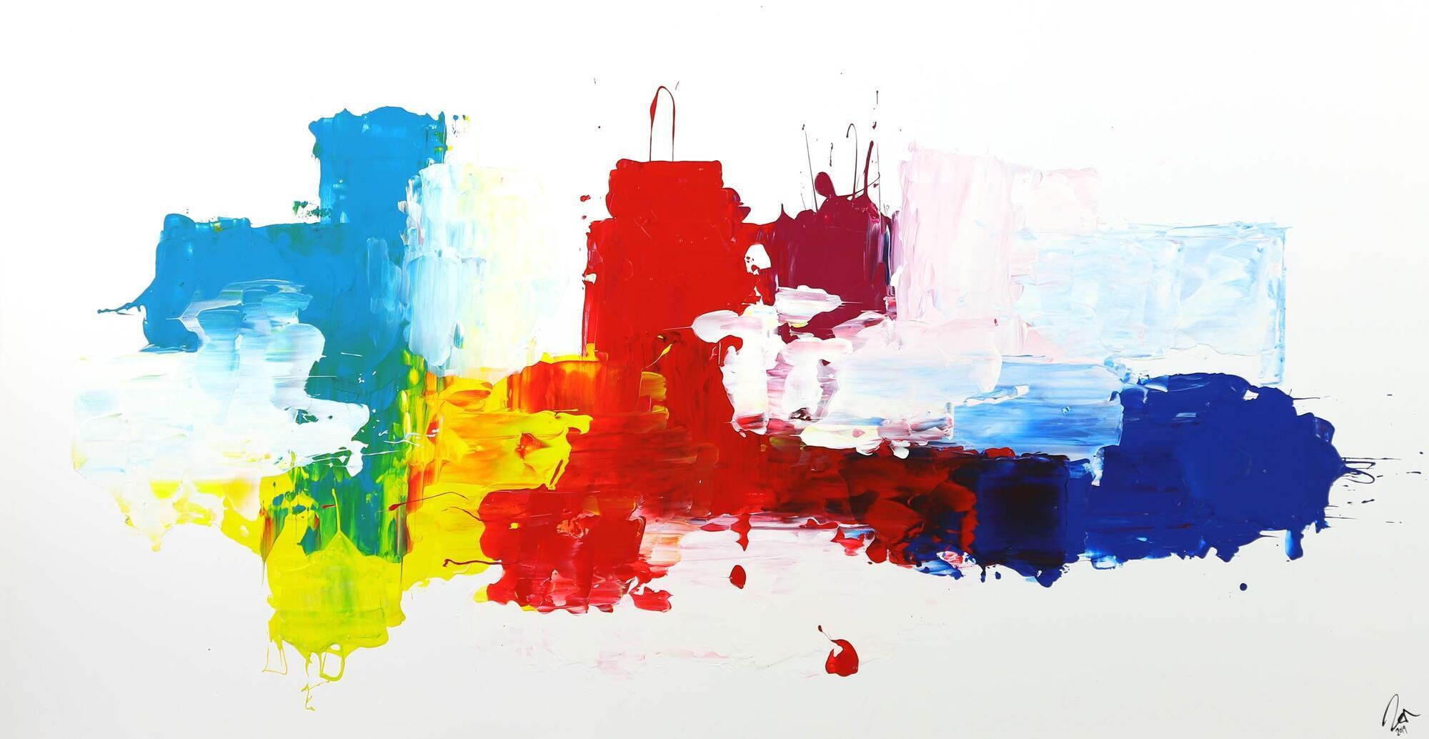 Abstraktes Gemälde bunt auf Leinwand handgemalt helle Farben auf weißem Grund Modern Art