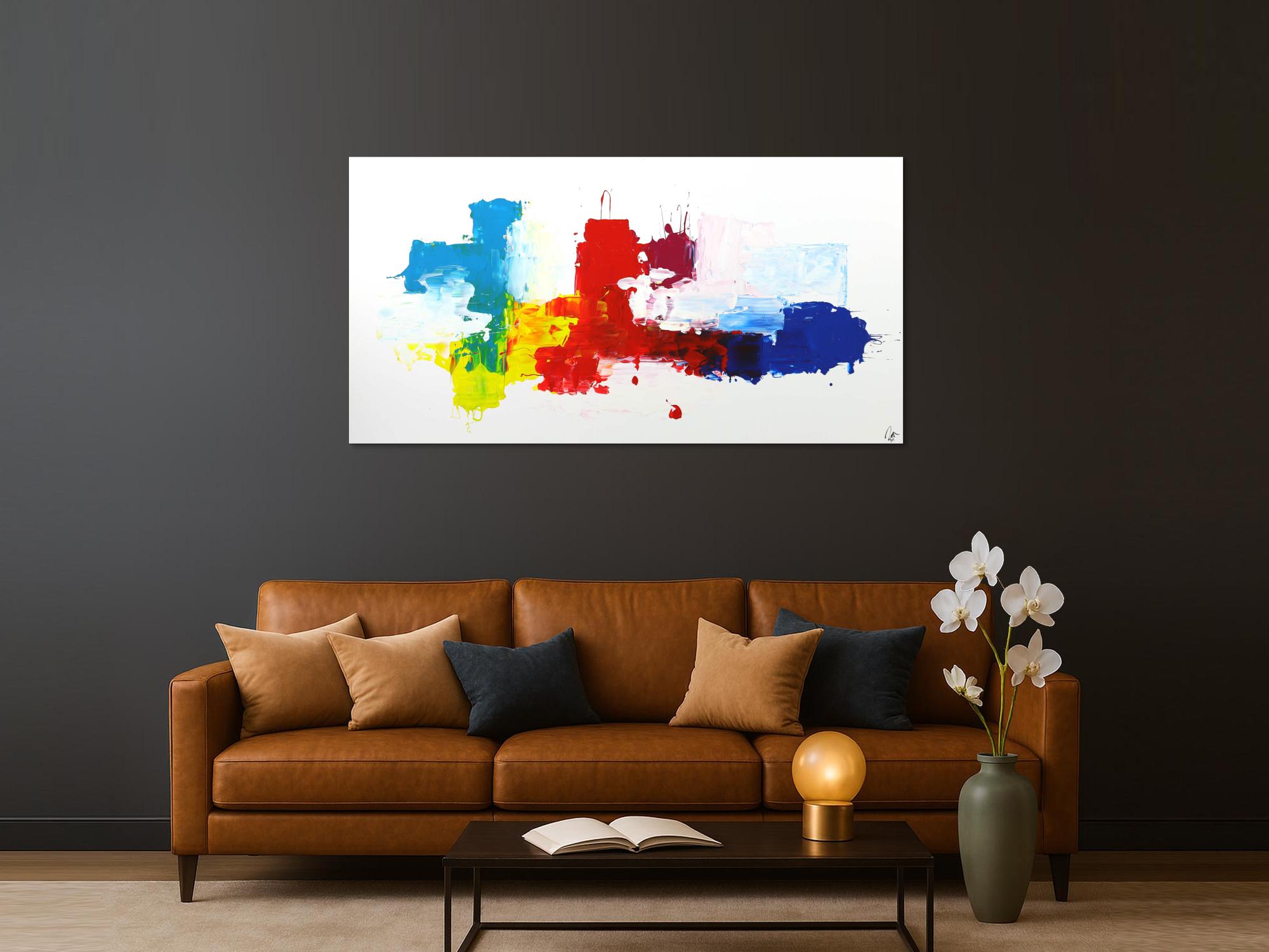 Abstraktes Gemälde bunt auf Leinwand handgemalt helle Farben auf weißem Grund Modern Art