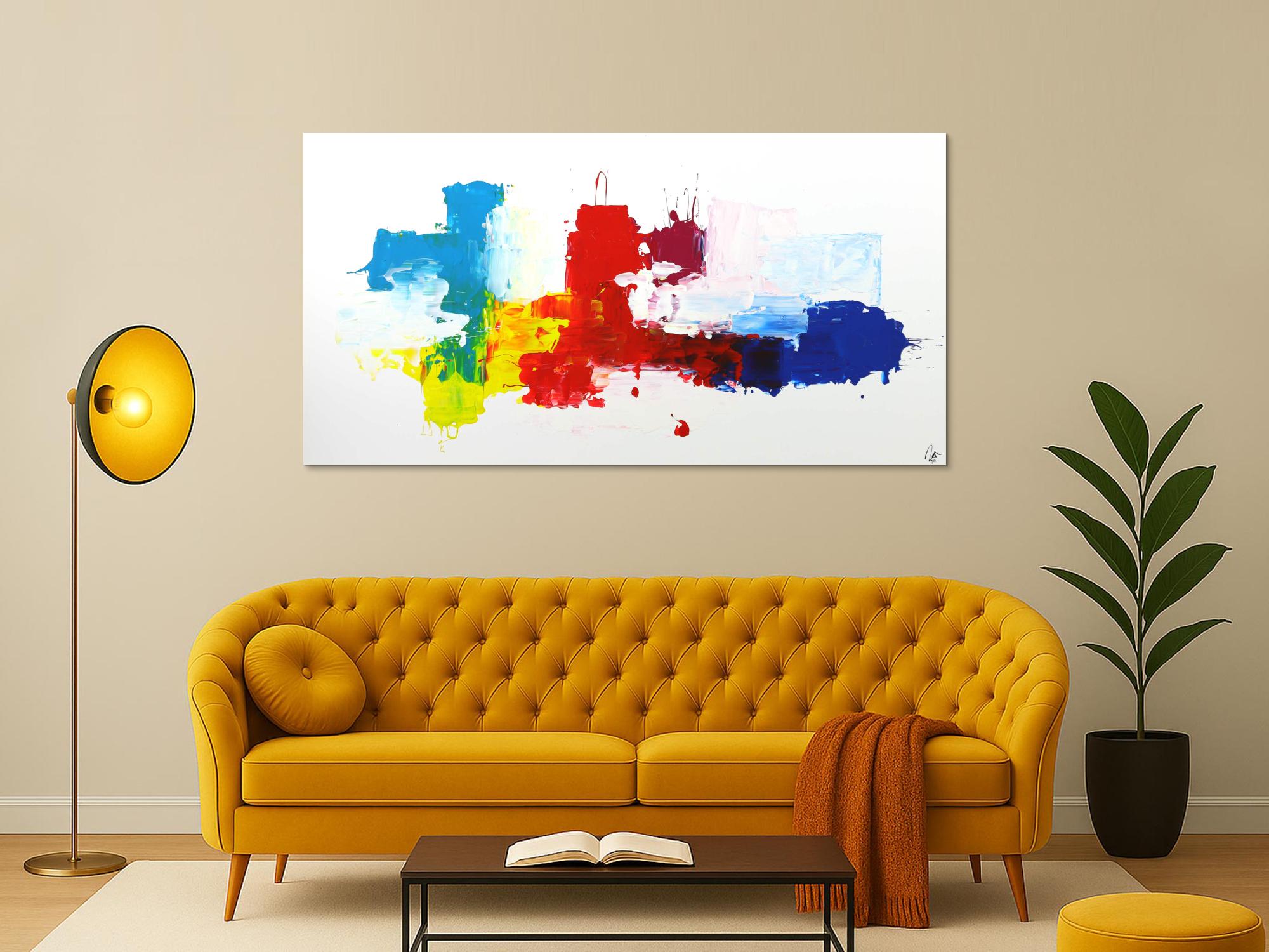 Abstraktes Gemälde bunt auf Leinwand handgemalt helle Farben auf weißem Grund Modern Art