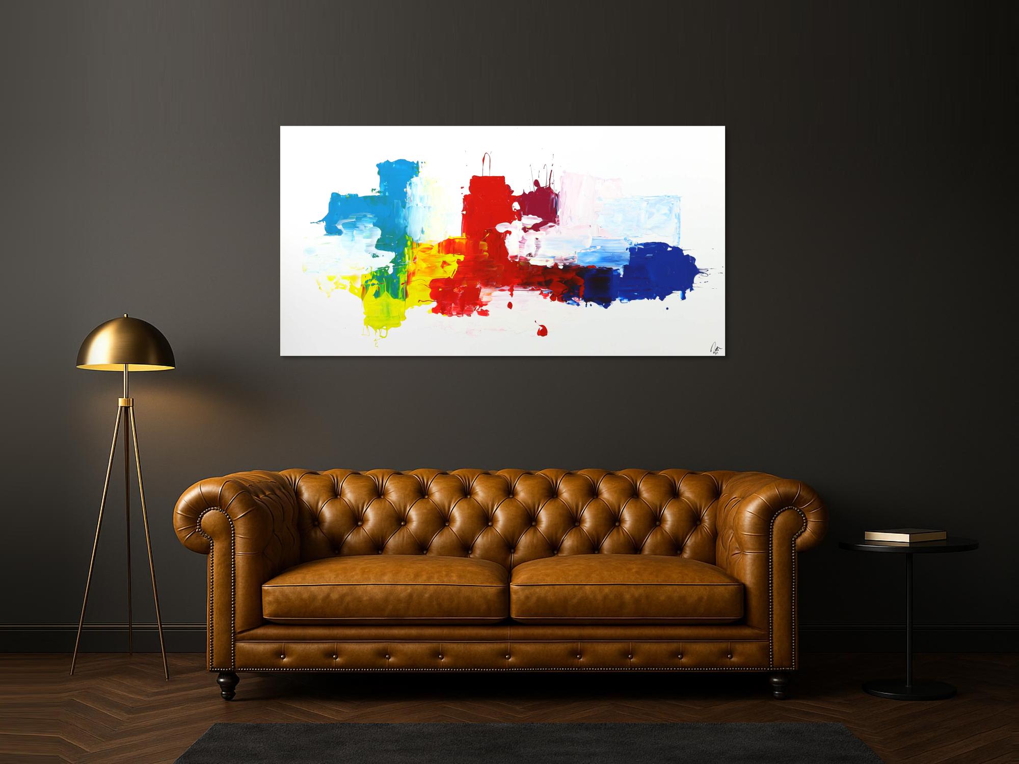 Abstraktes Gemälde bunt auf Leinwand handgemalt helle Farben auf weißem Grund Modern Art