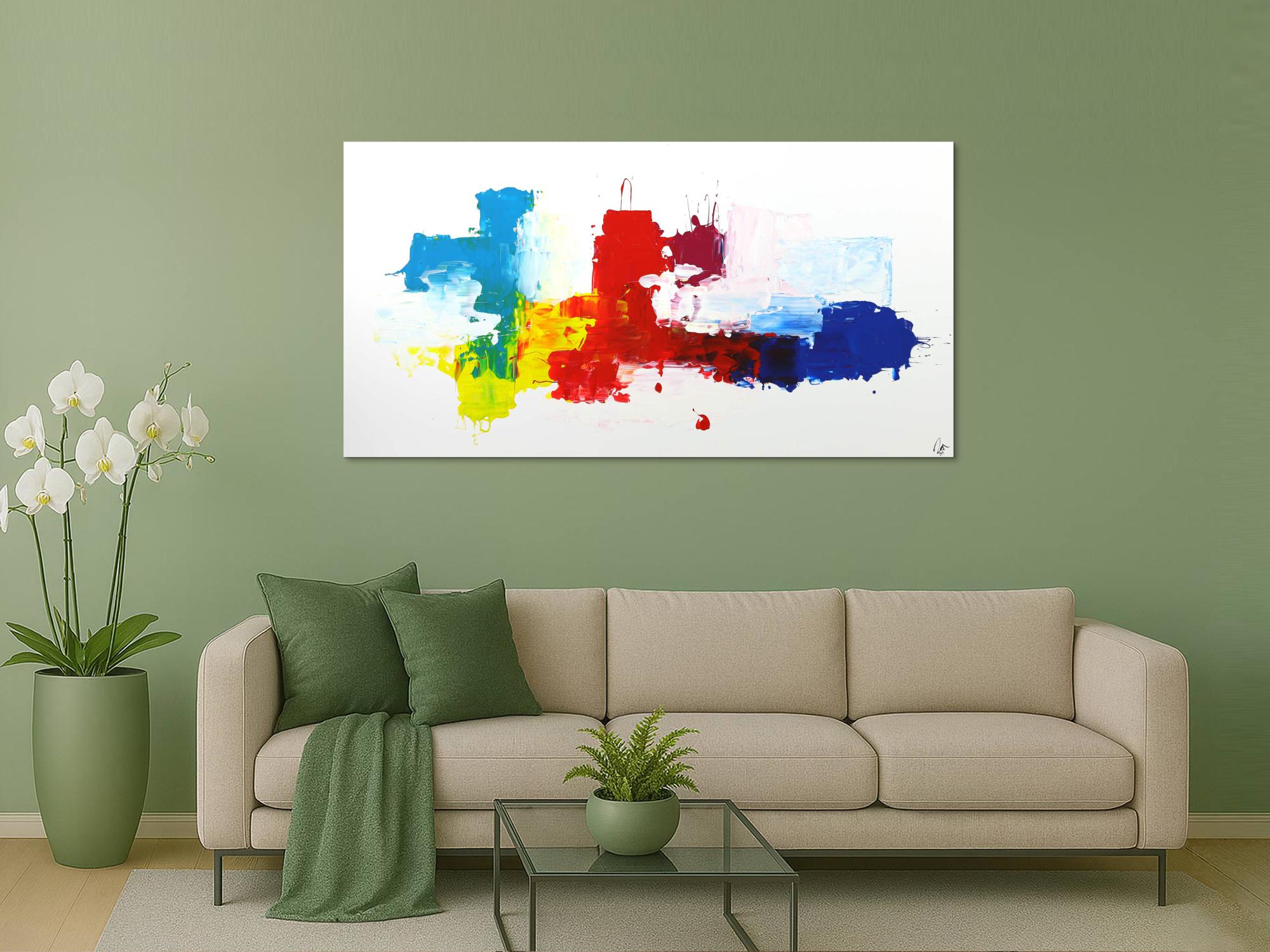 Abstraktes Gemälde bunt auf Leinwand handgemalt helle Farben auf weißem Grund Modern Art