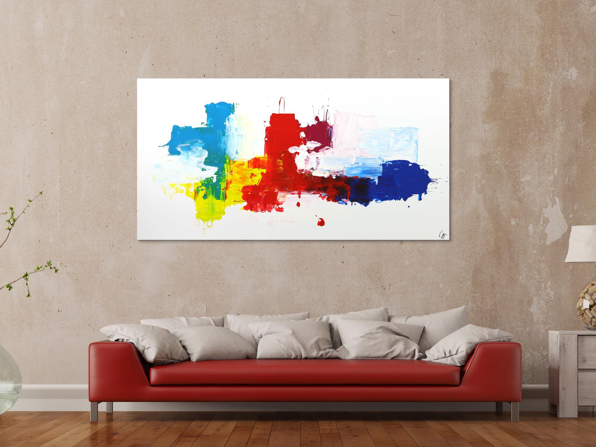 Abstraktes Gemälde bunt auf Leinwand handgemalt helle Farben auf weißem Grund Modern Art