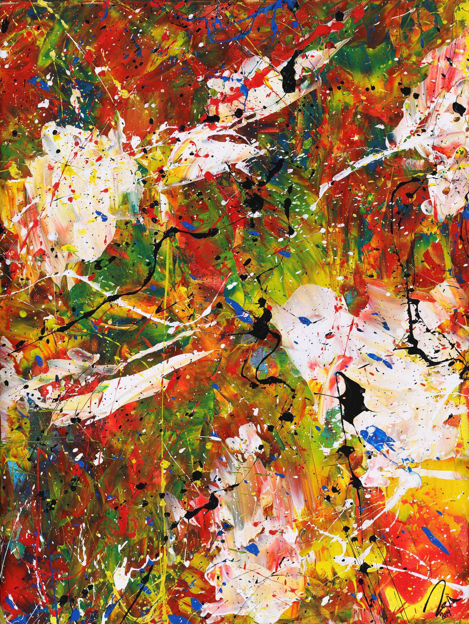 Abstraktes Acrylbild sehr bunt Spachteltechnik Action Painting handgemalt Modern Art auf Leinwand