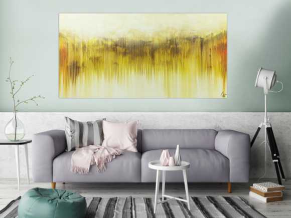 Abstraktes Acrylbild mediterrane Farben gelb weiß braun beige handgemalt auf Leinwand