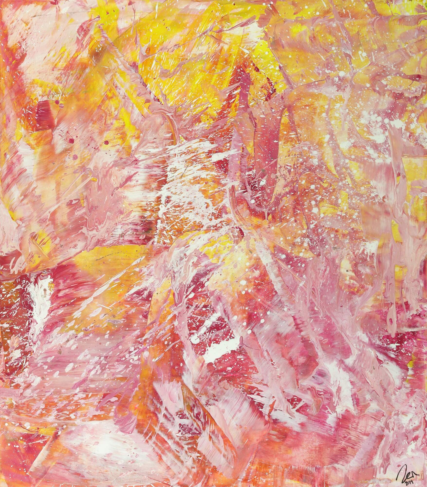 Abstraktes Gemälde Action Painting gelb rosa weiß Modern Art auf Leinwand handgemalt hochformat