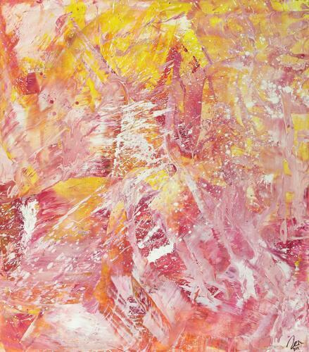 Abstraktes Gemälde Action Painting gelb rosa weiß Modern Art auf Leinwand handgemalt hochformat