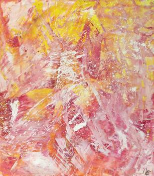 Abstraktes Gemälde Action Painting gelb rosa weiß Modern Art auf Leinwand handgemalt hochformat