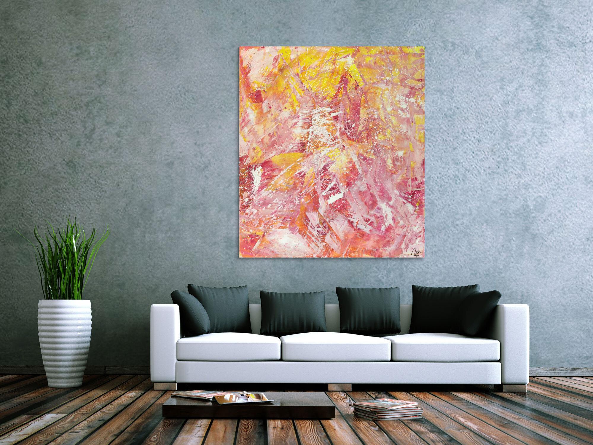 Abstraktes Gemälde Action Painting gelb rosa weiß Modern Art auf Leinwand handgemalt hochformat
